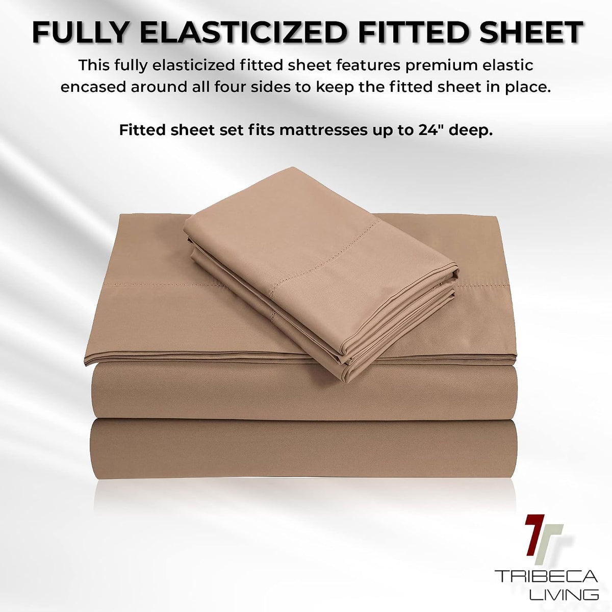 Tribeca Living 100% Egyptian Cotton Sheets 800 Thread Count - Extra Deep Pocket Fitted Sheet Fits Mattresses up to 24 Inches - Silky Sateen 4-Piece Set - Queen, Café