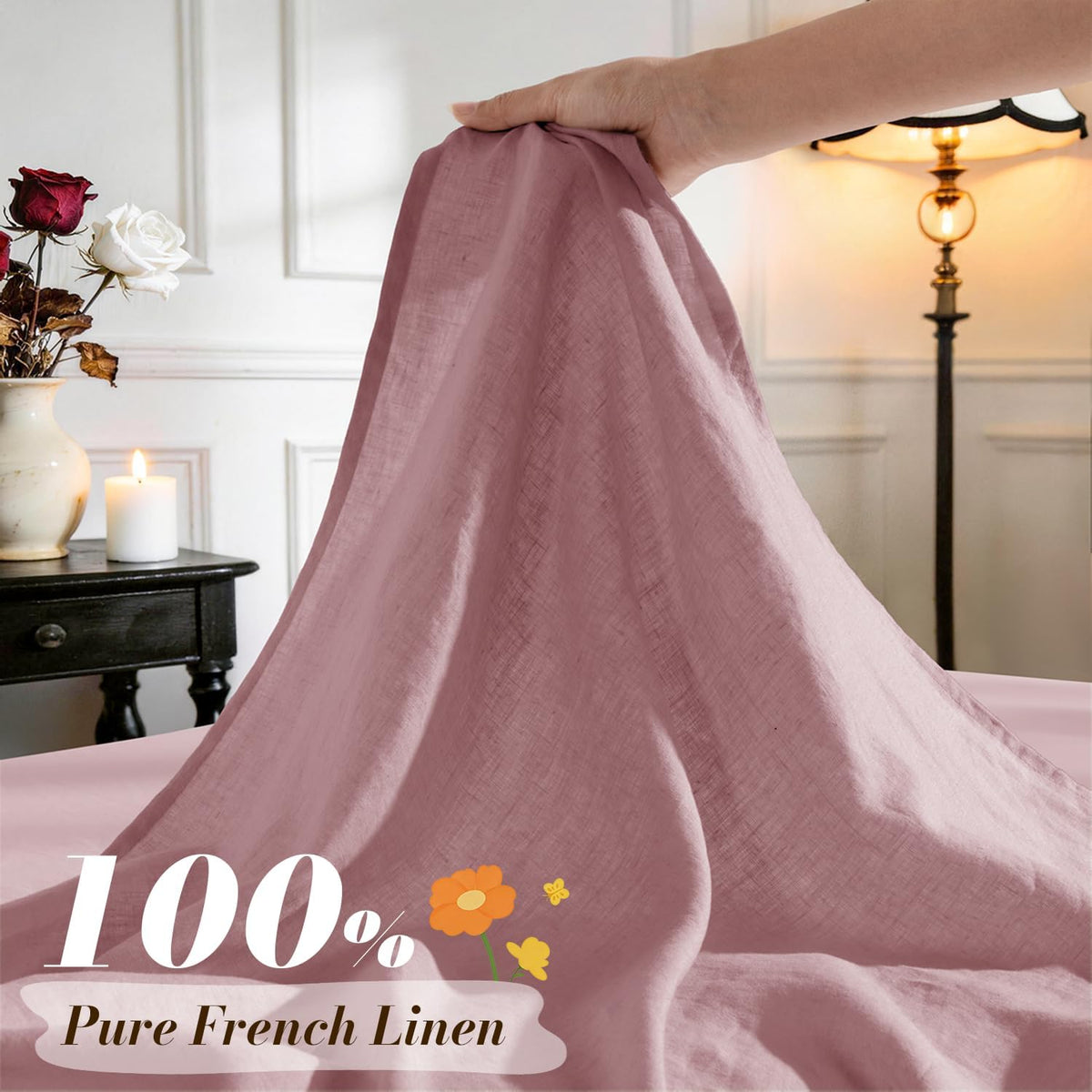 SONORO KATE 100% French Pure Linen Sheets, Breathable and Durable Linen King Size Sheets, Anti-Tear Linen Bed Sheets, Machine Washable, 16 Inch Deep Pocket - 4 Piece (Embroidery Purple, King)