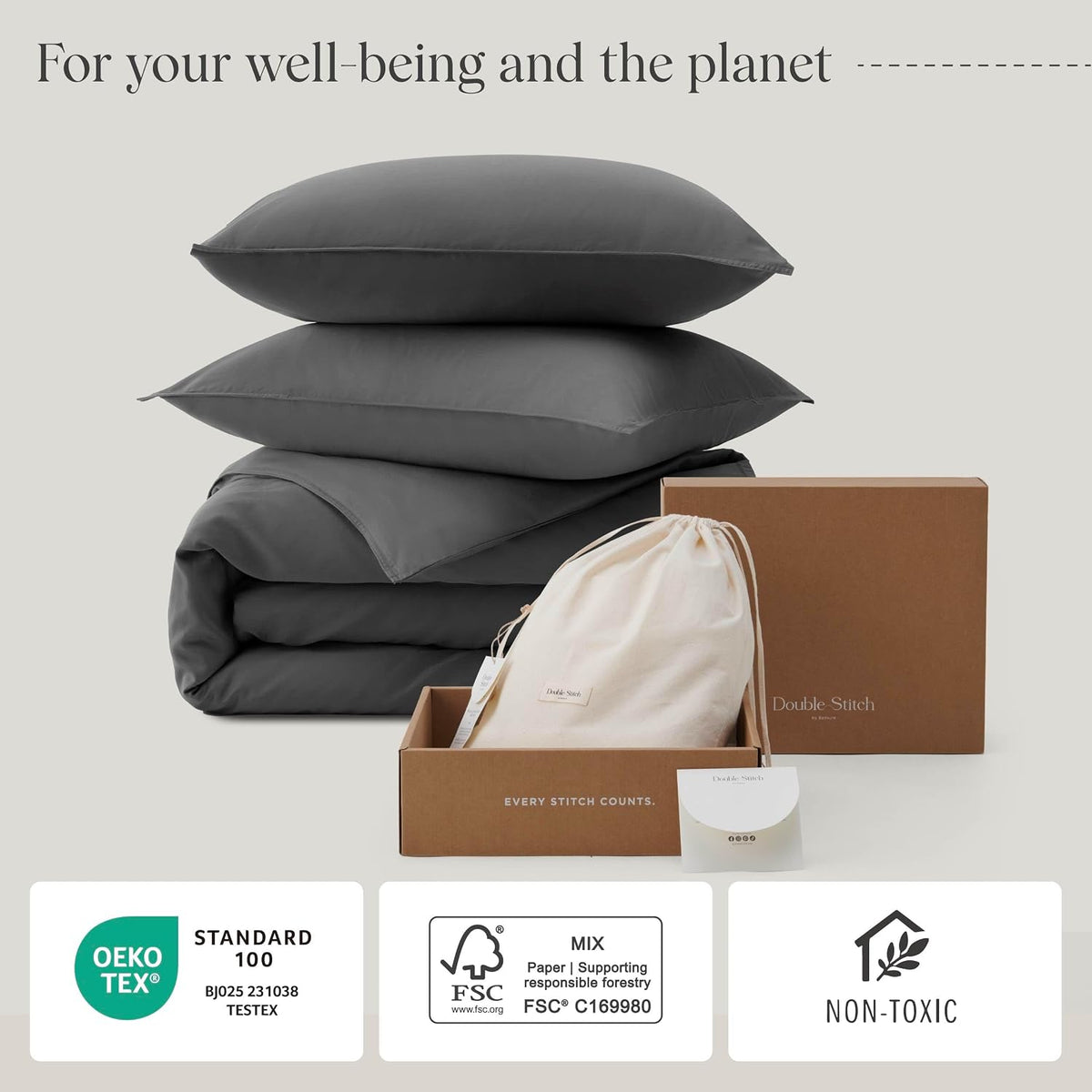 Double Stitch Cotton Tencel Duvet Cover - King Size Comforter Cover, Luxury & Soft Eucalyptus Lyocell Bedding Set for Hot Sleepers, Cooling, Smooth & Breathable, Button Closure, Ash Black, 106'x90'