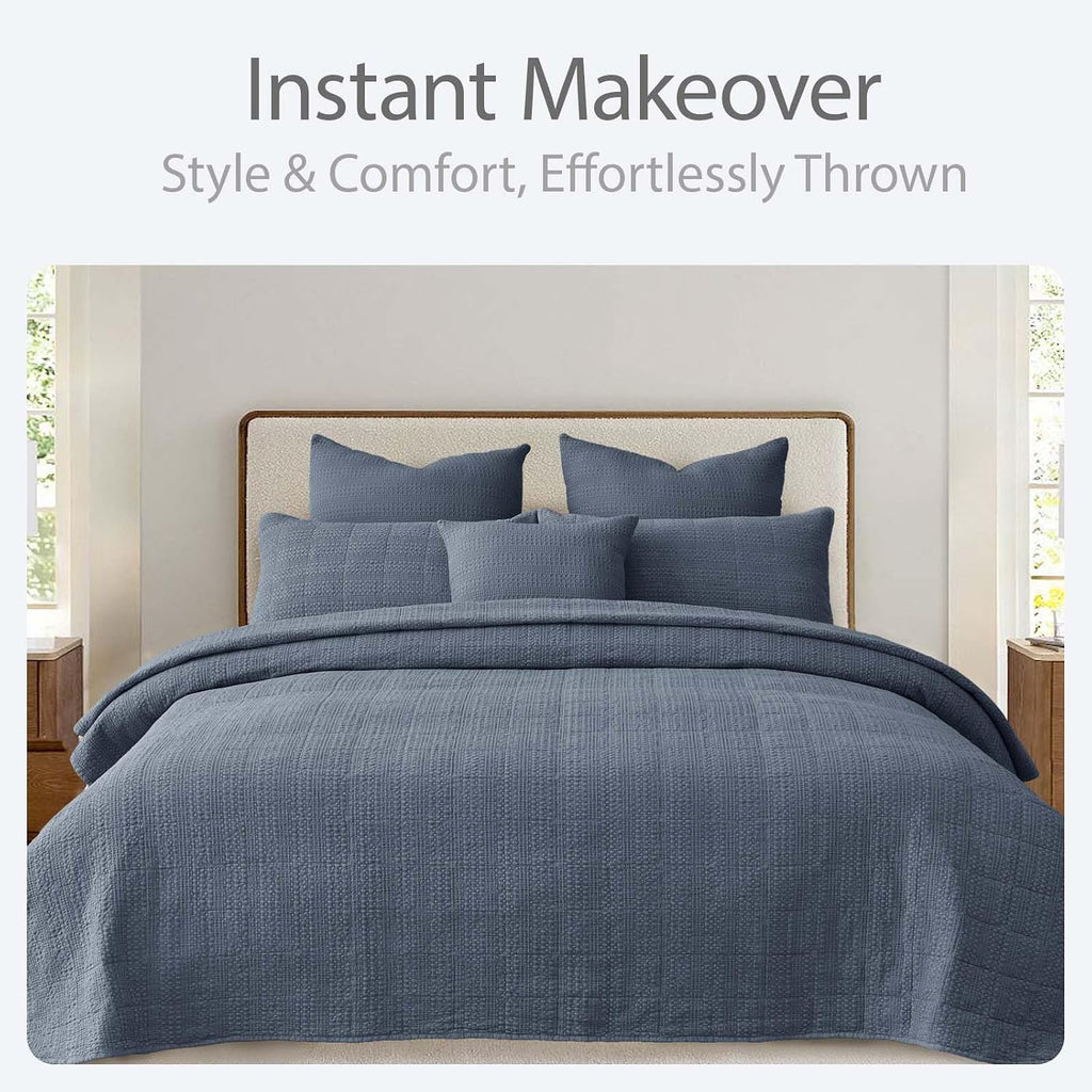 90x92 Queen Size Quilt Set with Pillow Shams Quilted Bedding Cover Ultra Soft Bedspread 3 Pieces Lightweight Soft Blanket for Home Decor,Gray Blue