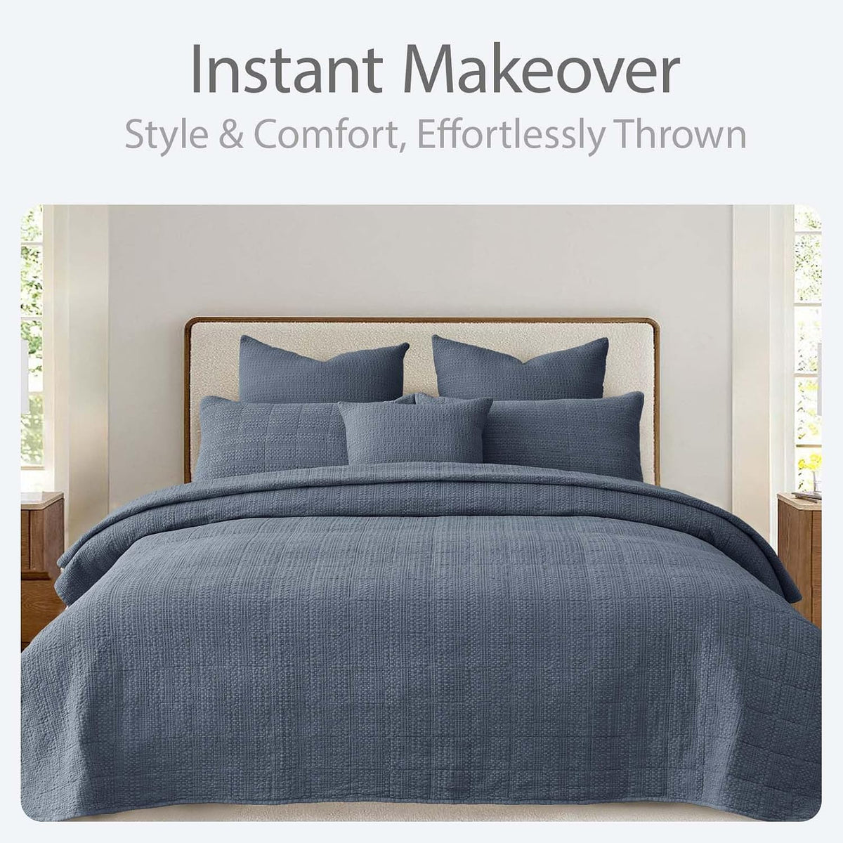 90x92 Queen Size Quilt Set with Pillow Shams Quilted Bedding Cover Ultra Soft Bedspread 3 Pieces Lightweight Soft Blanket for Home Decor,Gray Blue