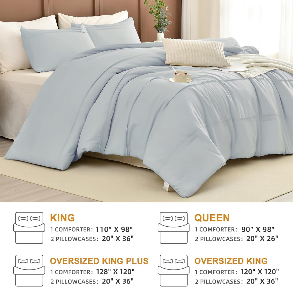 Masaca Oversized King Comforter 120x120,3 Pieces Pinch Pleated Bedding Comforter,Light Blue Rustic Boho Cal King Bed Comforter Oversized Lightweight and Soft