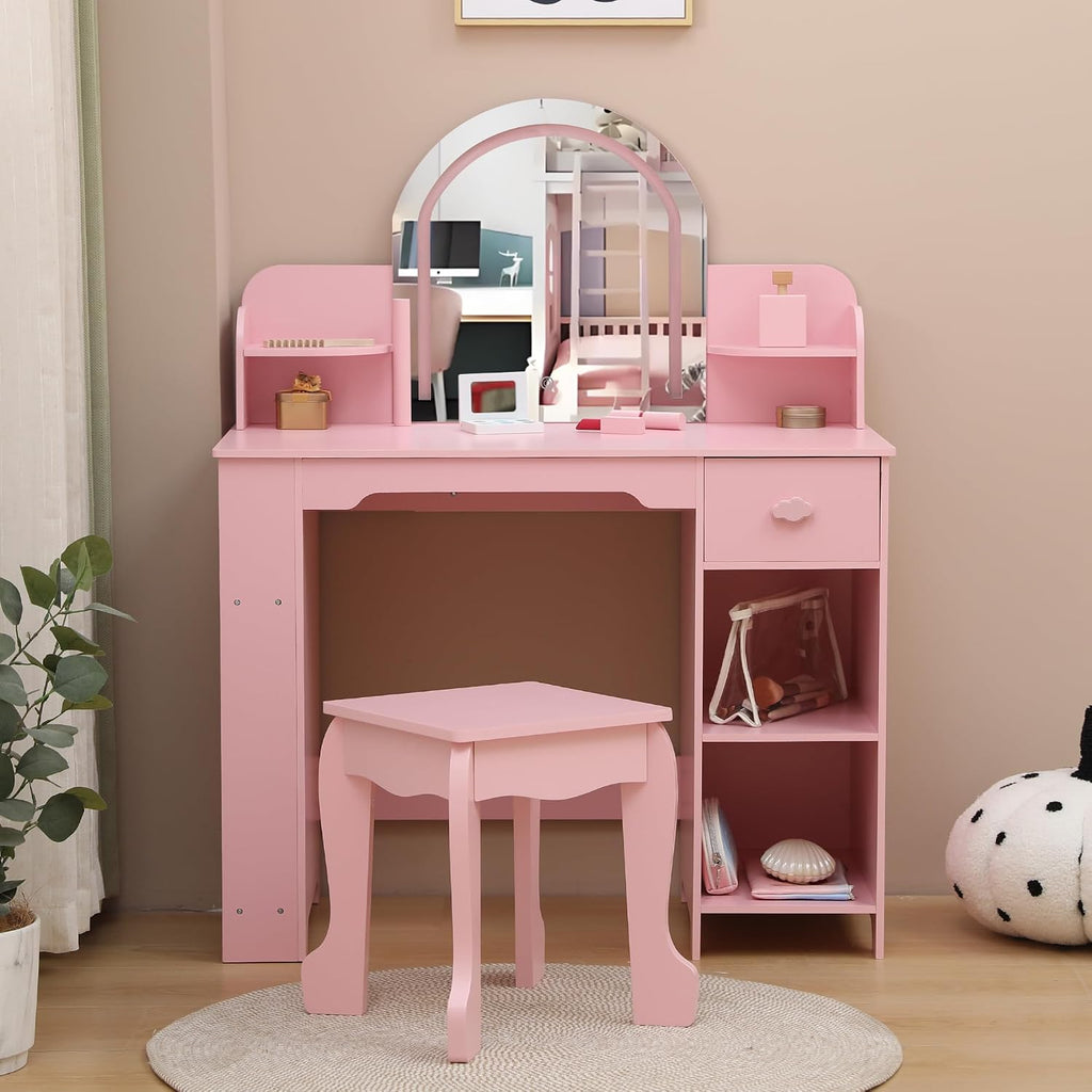Garvee Kids Vanity with Lighted Mirror & Stool, Little Girls Vanity with Adjustable LED Light, Bookshelf, Storage Drawer & Shelves for Girls 3-9, Pink