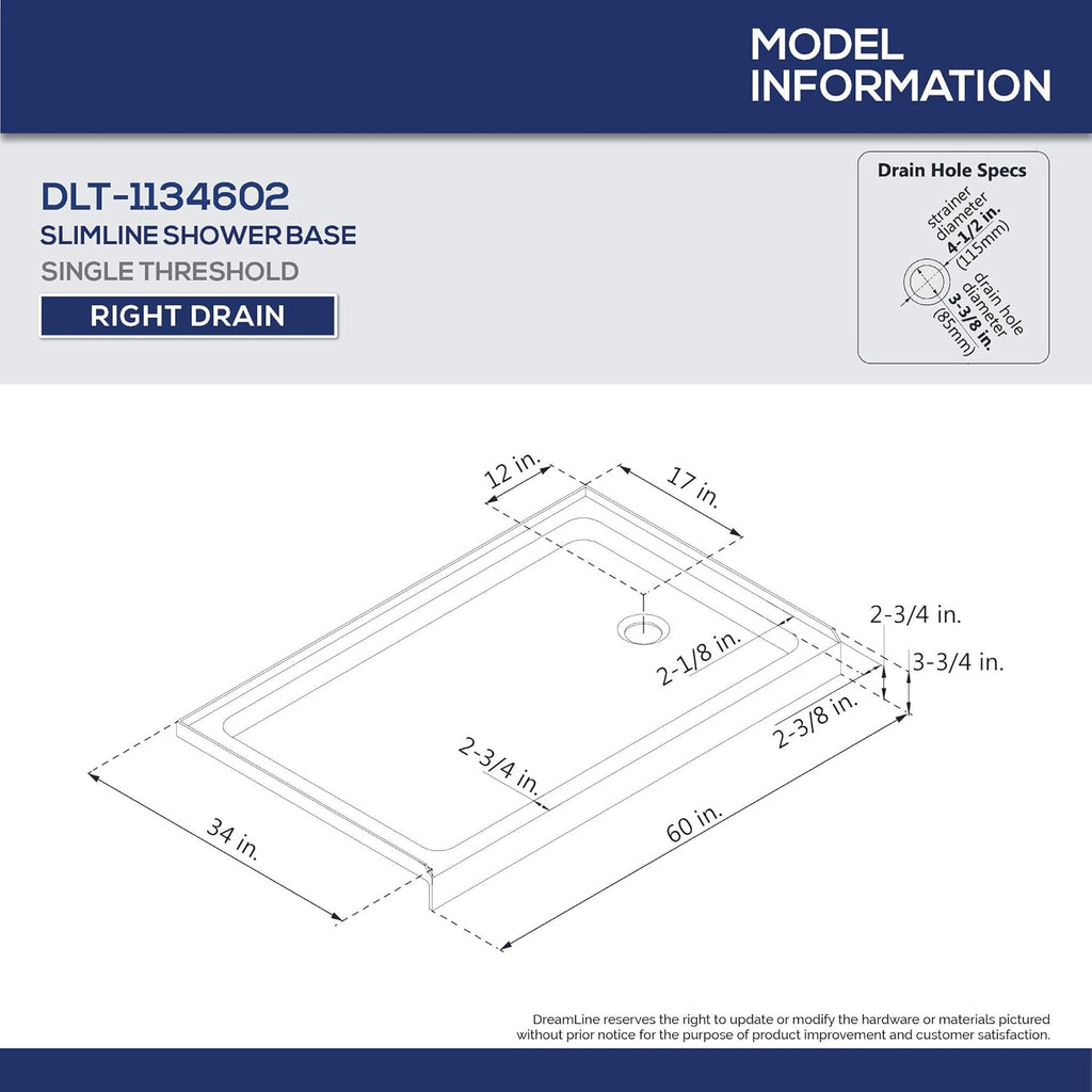 DreamLine 34 in. D x 60 in. W x 75 5/8 in. H Right Drain Acrylic Shower Base and QWALL-3 Backwall Kit In White, DL-6147R-01