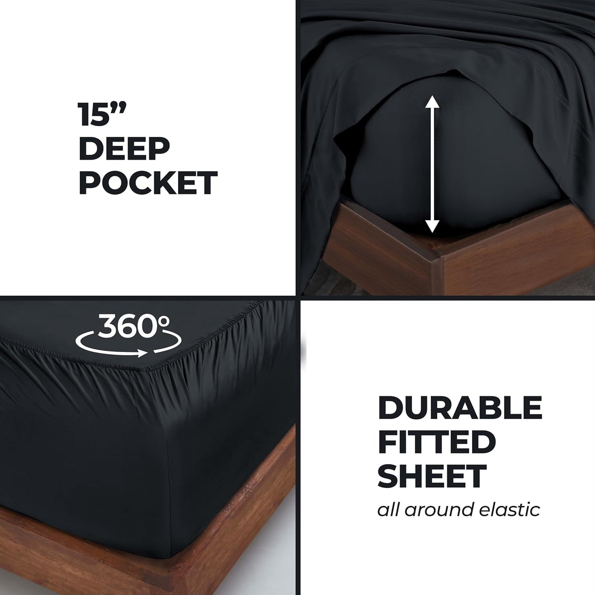 Superior Modal from Beechwood 300 Thread Bed Sheet Set, 1 Elastic Deep Pocket Fitted Sheet, 1 Flat Sheet, 1 Pillowcase, Soft Cool Sheets, Sateen Weave, Bedding Essentials, Twin XL, Black