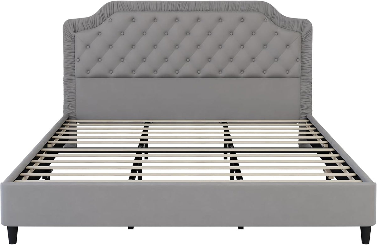 King Size Upholstered Platform Bed Frame with Ruched and Button Tufted Headboard, Tufted Velvet Upholstered Platform Bed with Wood Slat Support for Kids Teens Adult Bedroom (Gray-60v)