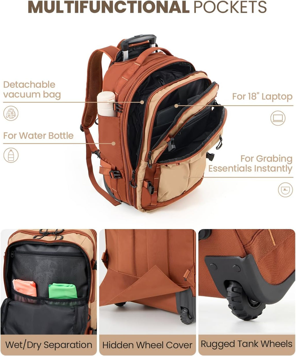 Fanwoli Rolling Vacuum Backpack Travel with Wheels, One-Button Compression, 60L Expandable Carry-On Suitcase Luggage, 18'' Laptop Compartment for Outdoor/Family/Business Trips