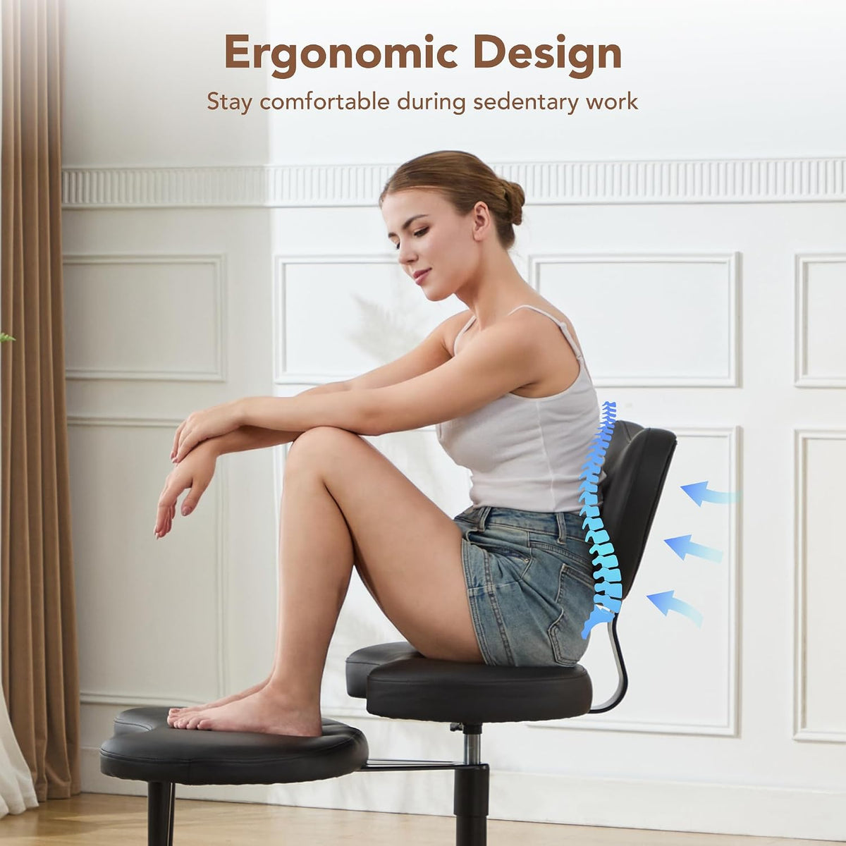 Cross Legged Office Chair, 360° Swivel Yoga Meditation Chair, Ergonomic Height Adjustable ADHD Criss Cross Office Chair with Wheels, Lumbar Support for Home Office, Black