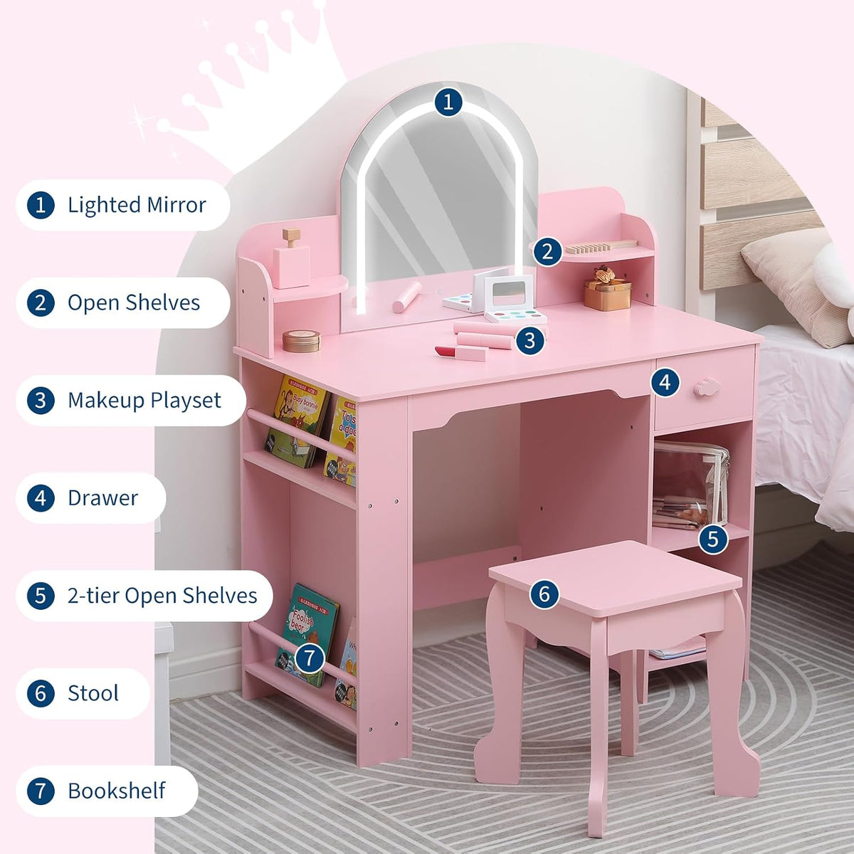 Garvee Kids Vanity with Lighted Mirror & Stool, Little Girls Vanity with Adjustable LED Light, Bookshelf, Storage Drawer & Shelves for Girls 3-9, Pink