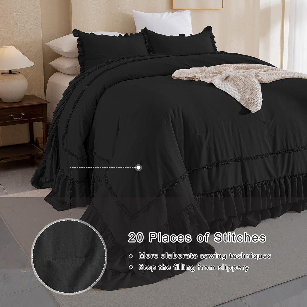 QSH 3PCs Black Ruffled Oversized King Comforter 120x120,Farmhouse Shabby French Country Chic Ruffle Bed Comforter Set Boho Lightweight Ultra Soft Microfiber California King Comforter with Pillowcases