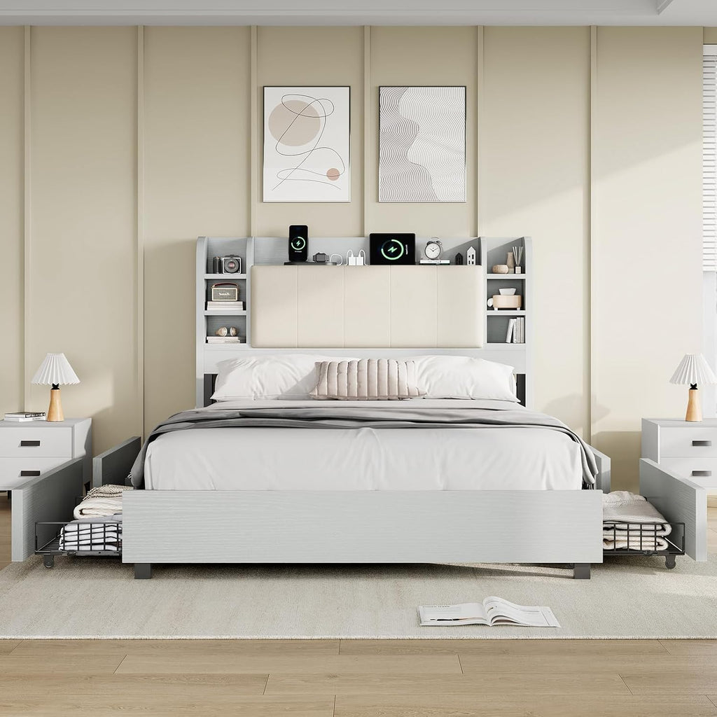 AMERLIFE Queen Size Bed Frame with Bookcase Headboard, Hidden Storage and 4 Drawers, Upholstered Cushion Backrest, Wooden Platform Bed with Charging Station, Heavy Duty Metal Frame, Light Grey