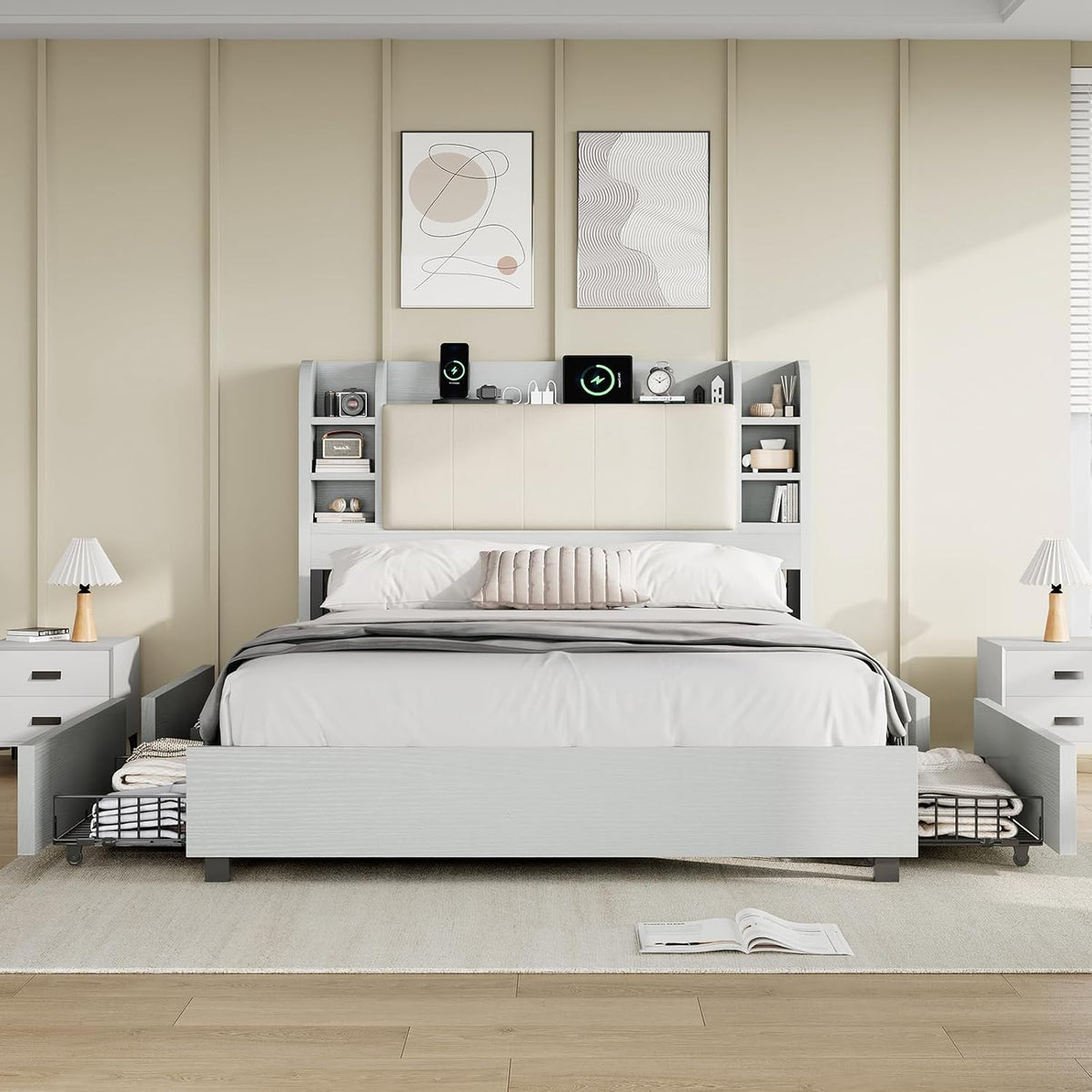 AMERLIFE Queen Size Bed Frame with Bookcase Headboard, Hidden Storage and 4 Drawers, Upholstered Cushion Backrest, Wooden Platform Bed with Charging Station, Heavy Duty Metal Frame, Light Grey