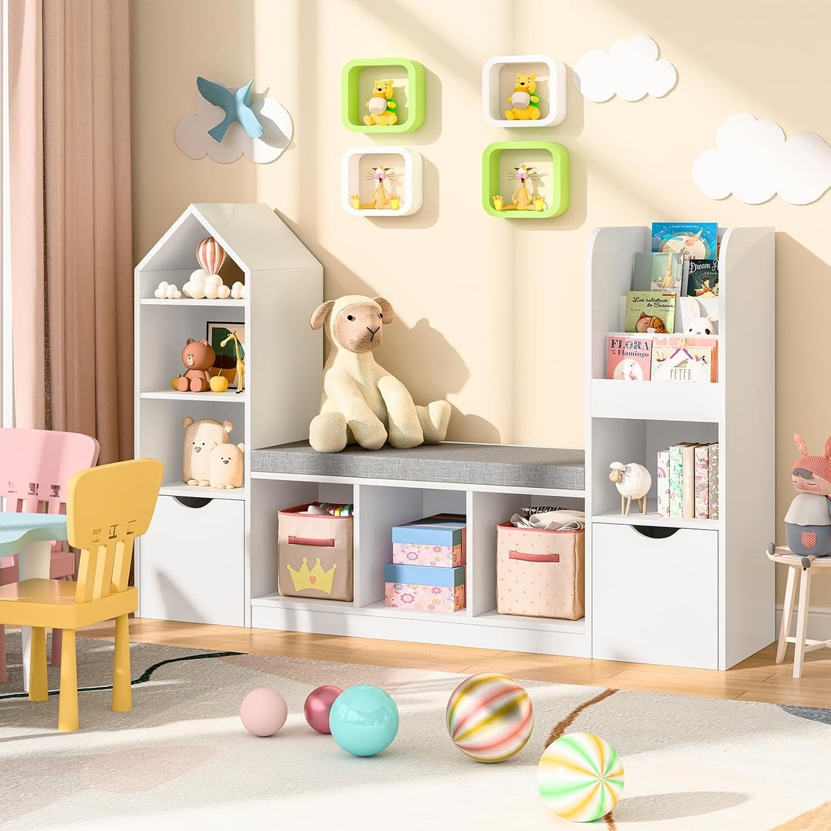 Befrases 55.12''Kids Bookshelf with Reading Nook, Toy Storage Organizer with Seat Cushion and 2 Movable Drawers, Kids Bookcase Toy Organizers with 7 Storage Cubbies, for Playroom, Bedroom, White
