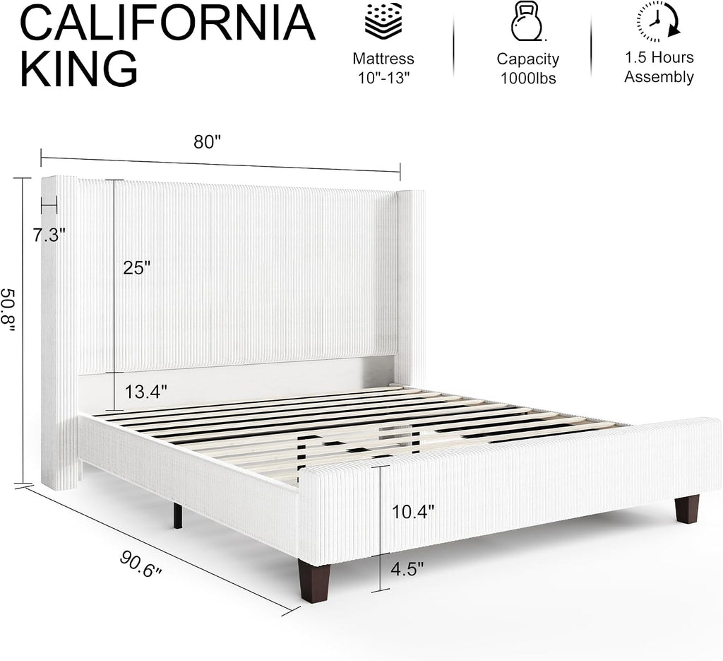 HOWE California King Size Bed Frame with 50.8' Tall Wingback Headboard, Modern Corduroy Upholstered Platform Bed Frame with Solid Wood Slats & Legs, No Box Spring Needed, Noise-Reducing Design, White