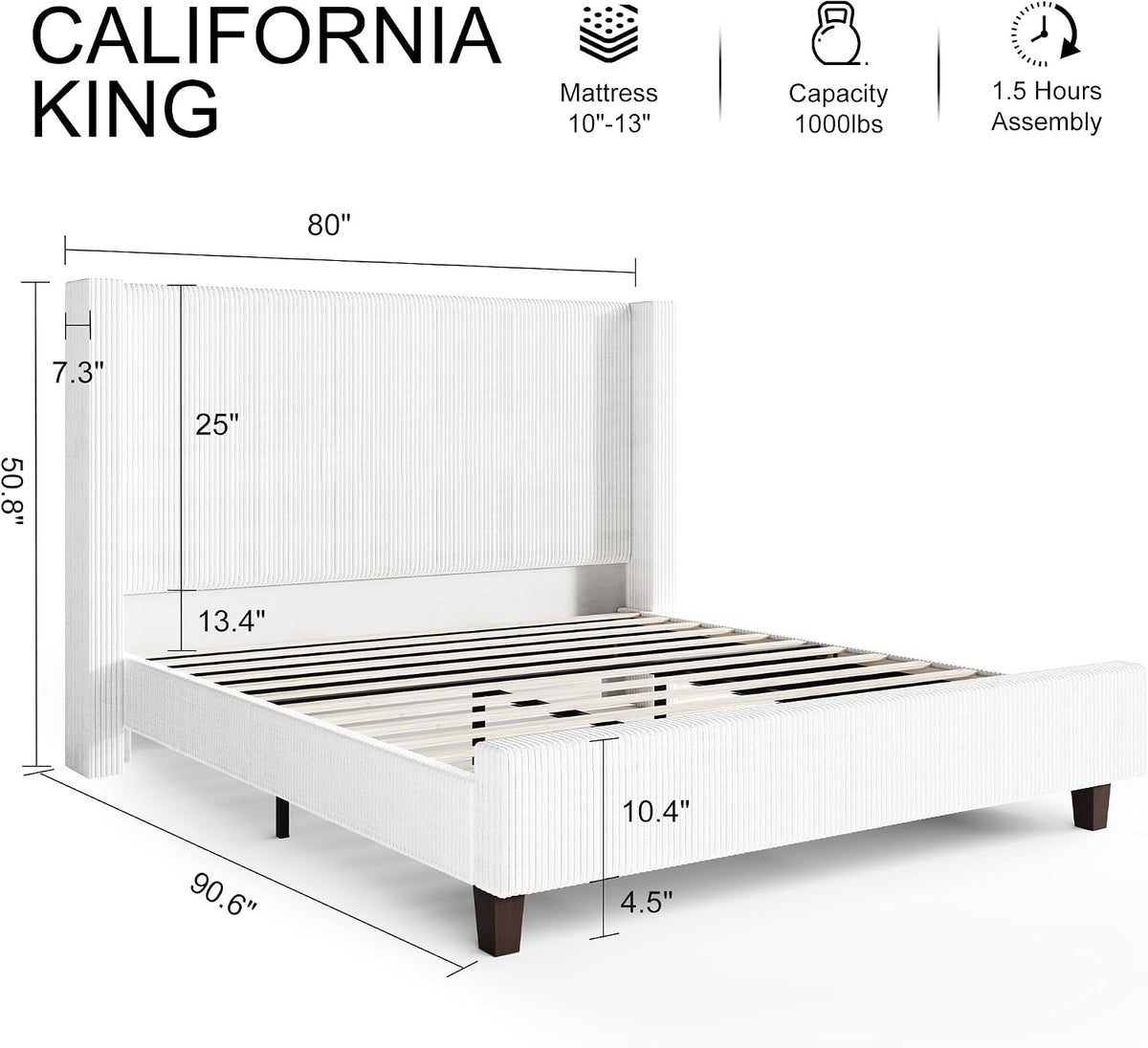 HOWE California King Size Bed Frame with 50.8' Tall Wingback Headboard, Modern Corduroy Upholstered Platform Bed Frame with Solid Wood Slats & Legs, No Box Spring Needed, Noise-Reducing Design, White