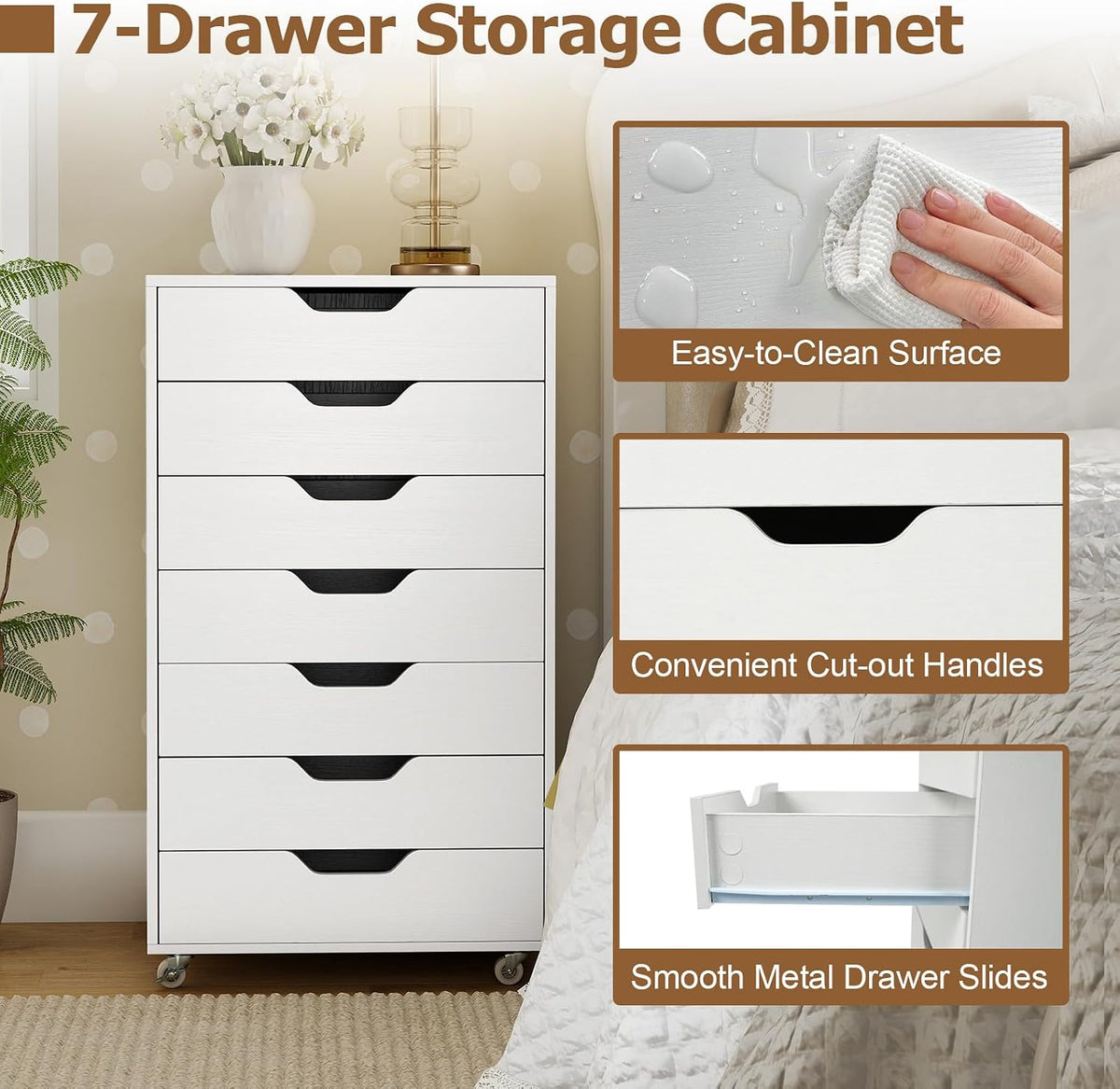 Giantex Drawers Cabinet Mobile Lateral Filing Organizer with 7 Drawers and Wheels Mobile Side Cabinet Chest for Home Office Storage Use 7-Drawer Dresser (19' x 16' x 34.5', White)