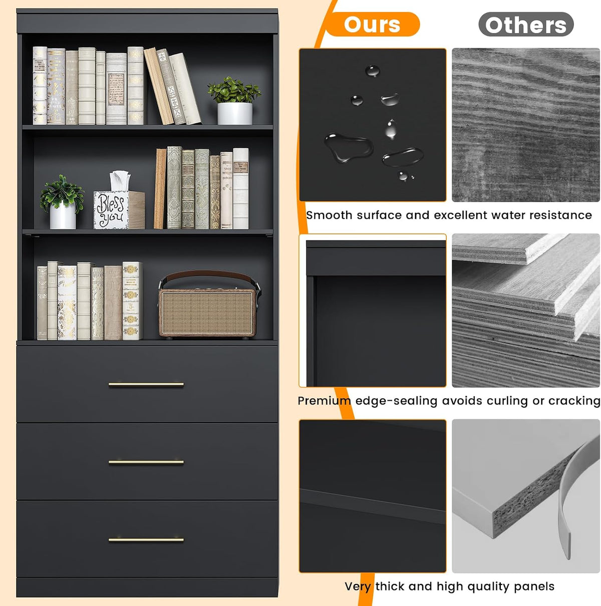 Winkalon 71' Tall Black Bookshelf with Drawers, Bookcase and Bookshelf with 3-Tier Open Shelves, Tall Bookcase Tall Storage Cabinet for Home Office Living Room, 13.8' D x 31.5' W x 71' H