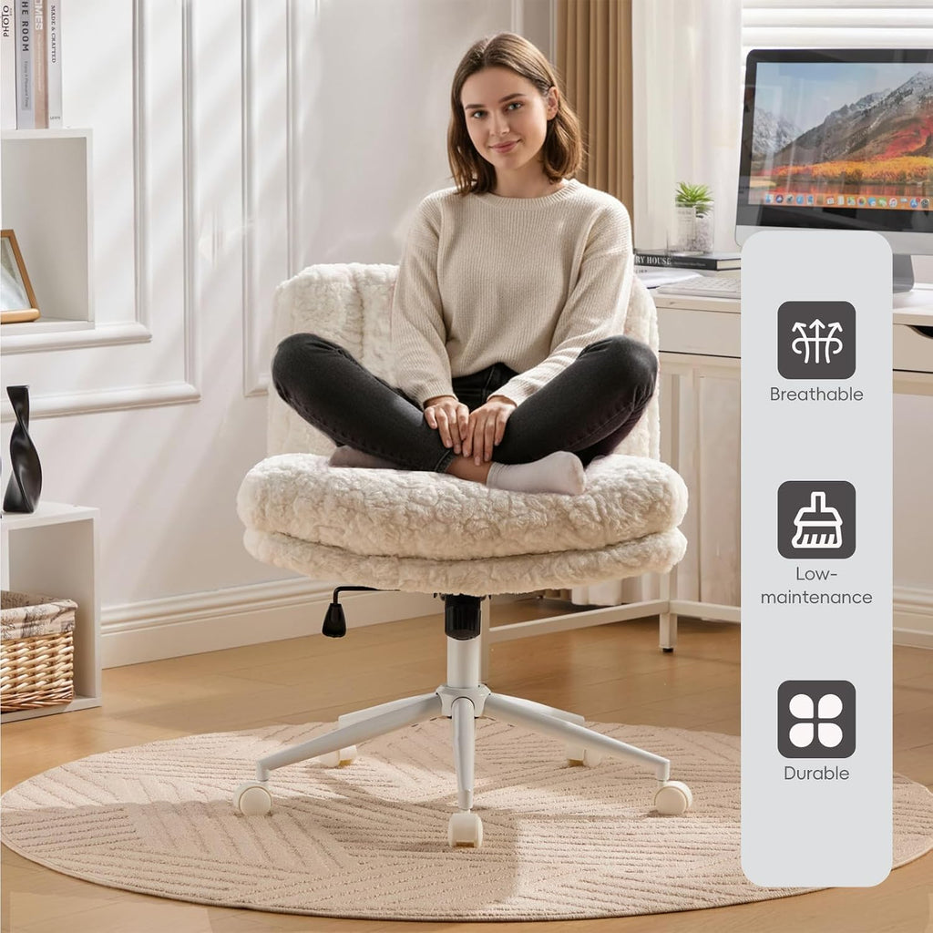 Upgraded Plush Faux Fur Criss Cross Office Vanity & Desk Chair with White Metal Base – Extra-Wide Seat & Tilt Backrest, Adjustable Swivel Makeup Chair for Bedroom, Study & Home Office, Cream