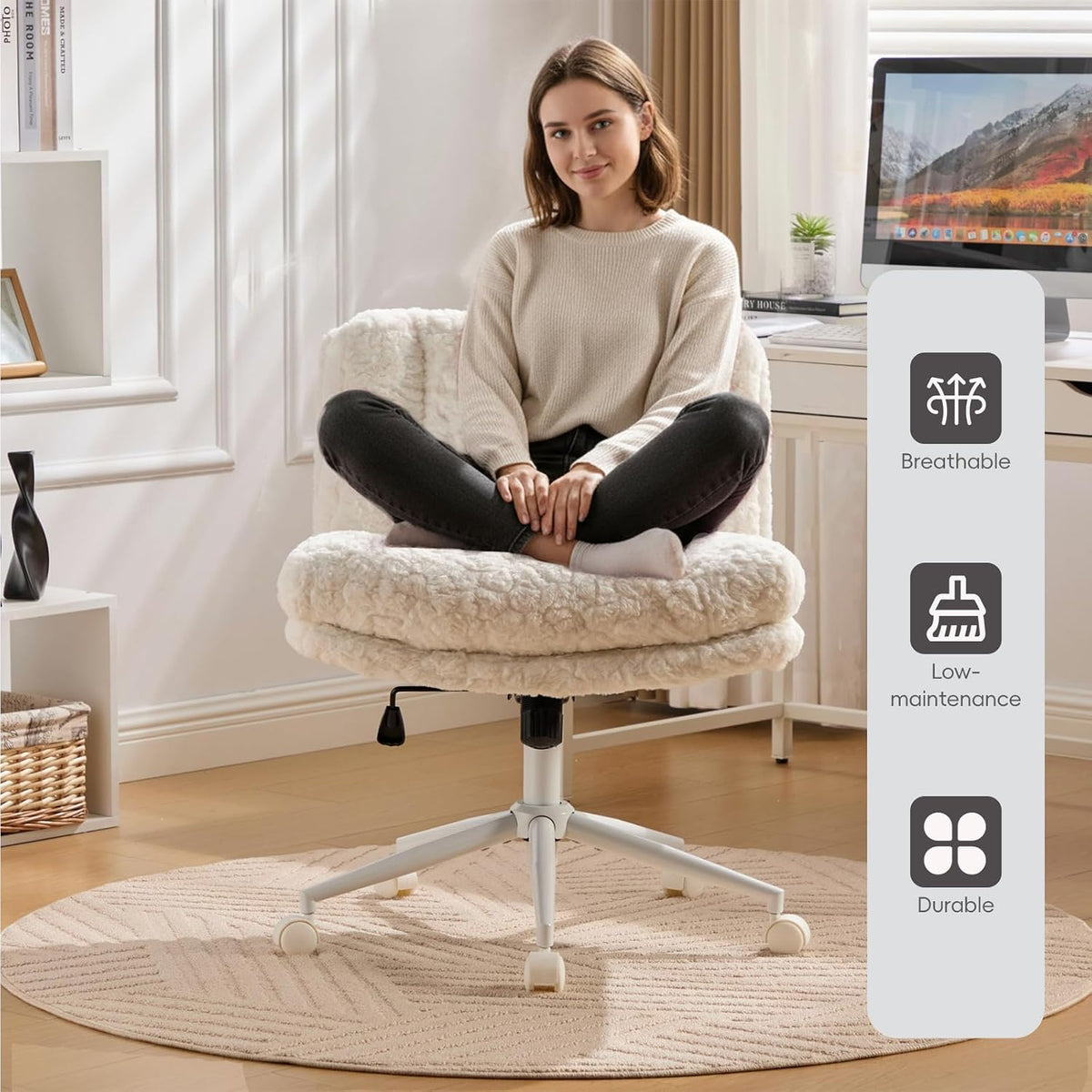 Upgraded Plush Faux Fur Criss Cross Office Vanity & Desk Chair with White Metal Base – Extra-Wide Seat & Tilt Backrest, Adjustable Swivel Makeup Chair for Bedroom, Study & Home Office, Cream