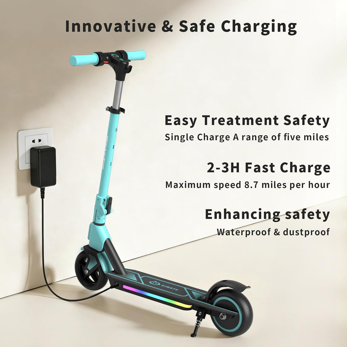 SIMATE Electric Scooter for Kids Ages 6-14, 3 Adjustable Heights 34'/37'/39', LED Display & Colorful Lights, Foldable Kids Electric Scooter, 8.7 MPH Safe Speed, Gifts for Boys Girls