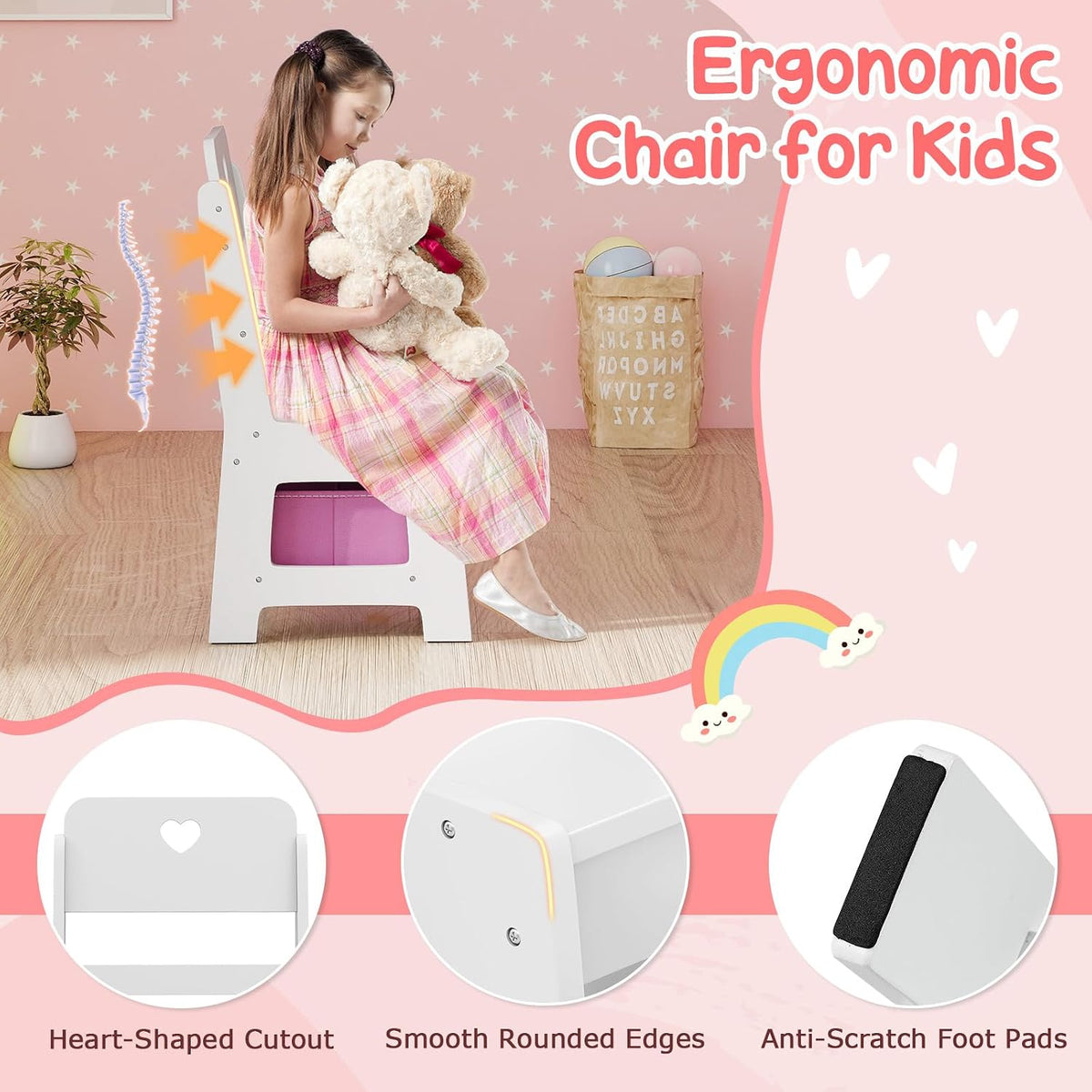 HONEY JOY Kids Vanity, Wooden Girls Vanity Set with Lighted Mirror & Open Bookshelf, Ring Slot & Jewelry Storage, Toddler Makeup Vanity Desk Dressing Table, Kids Vanity Table and Chair Set (White)