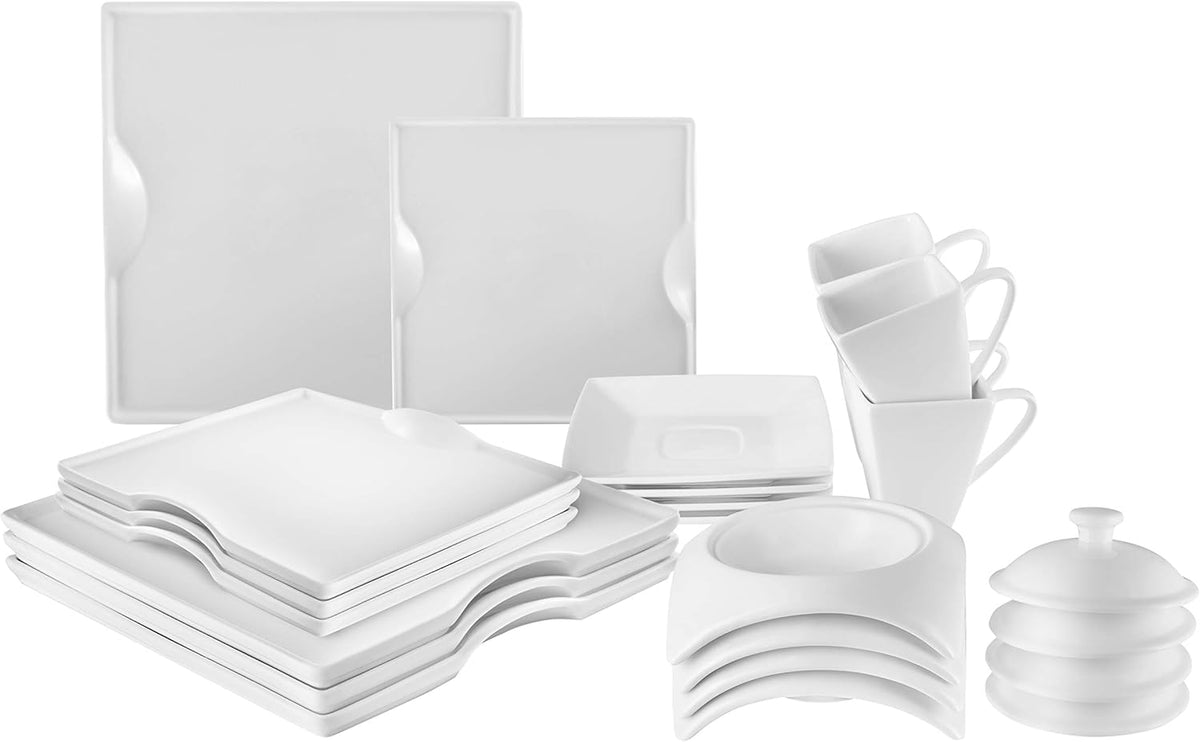 Little White Dish 20 Piece Porcelain Dinnerware Set White Square - Designer Dishware - Dinner Plates, Salad Plates, Soup Bowls, Teacups and Saucers - Service for 4