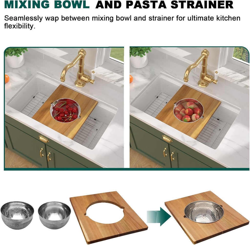 33x19 White Undermount Kitchen Sink, Glossy White Fireclay Single Bowl Workstation Sink, High Fired 2130°C Ceramic Porcelain with Cutting Board, Pasta Strainer & Mixing Bowl #TLAC-0076