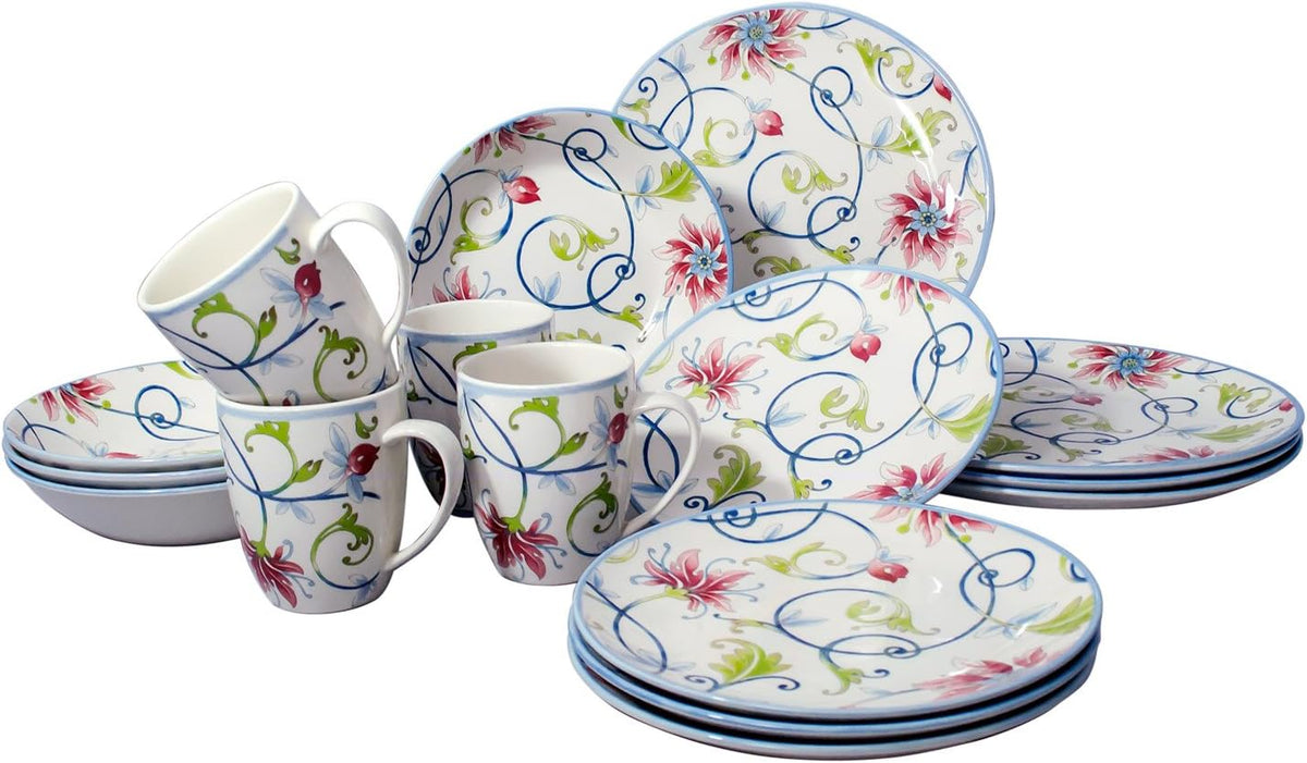 Tudor Royal Collection 16-Piece Round Dinnerware Set, Service for 4, Botanical Design, Plates Bowls Dishes, High-Gloss Premium Quality