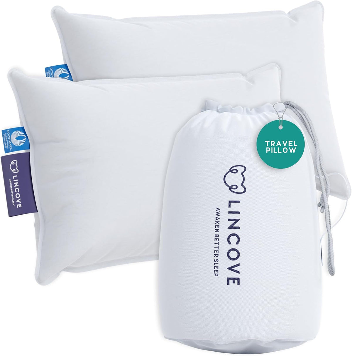 Lincove Canadian Down Feather Travel Pillow Pack of 2 - Luxury Pillows to Support Head, Neck, While Sleeping on Airplanes, Cars, Hotels & Home - Comfortable Vacation Sleeping Essential, 13'x18'