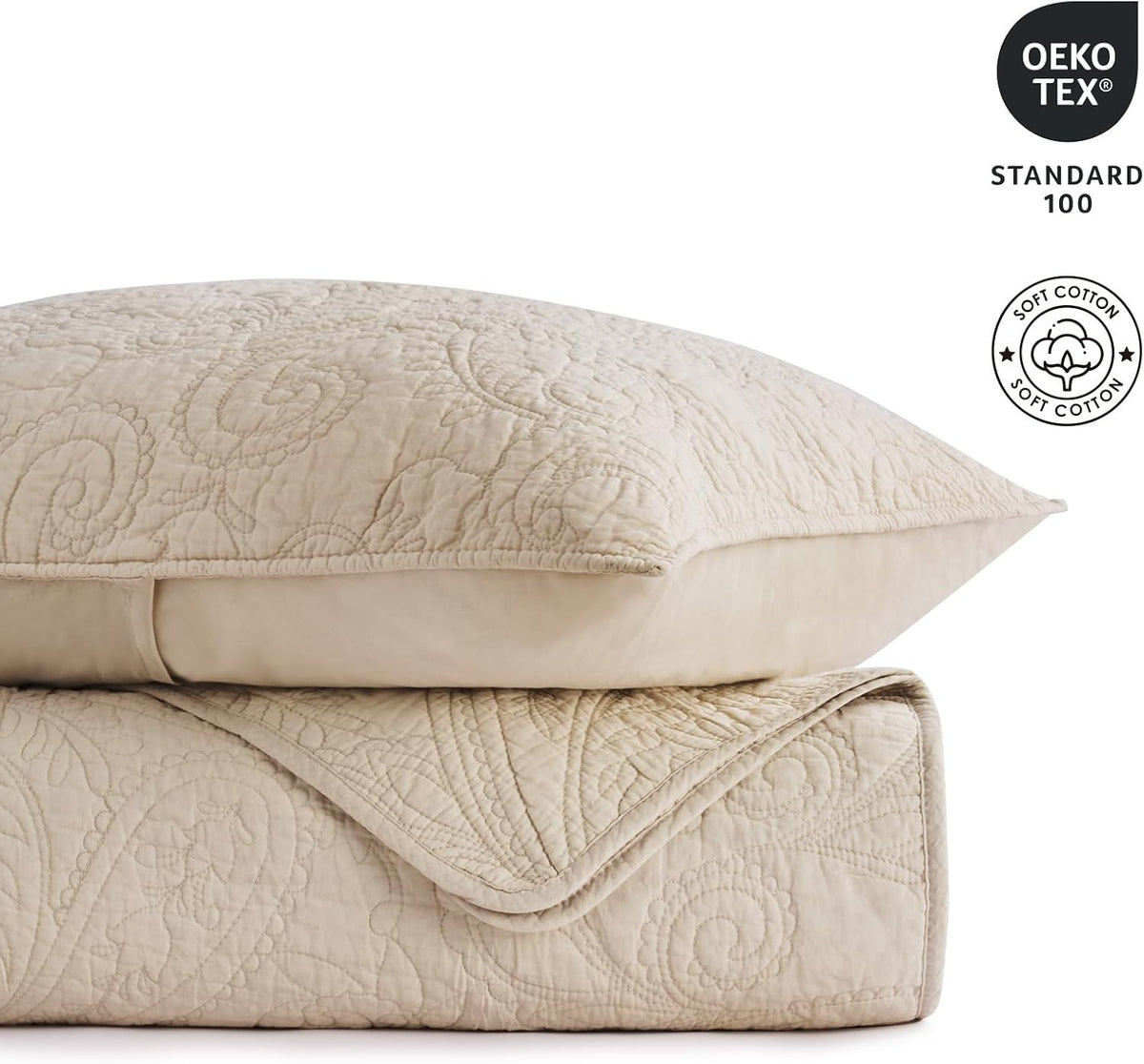EVERGRACE 100% Cotton Paisley Quilt Set, Oversized King 3 Piece Set – Prewashed Lightweight Bedspread with 2 Shams, Soft & Breathable Matelasse-Style Quilted Coverlet, Flax Beige