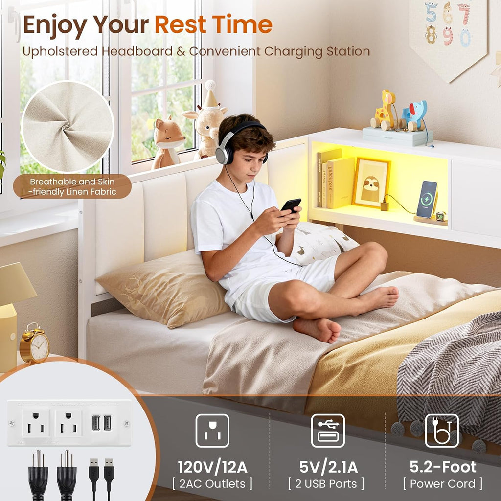 DICTAC Twin Corner Lift up Storage Bed with Led Lights and Charging Station Twin Size Daybed for Kids/Teen with Bookcase and Hydraulic Storage,Platform Corner Beds with Upholstered Headboard,White