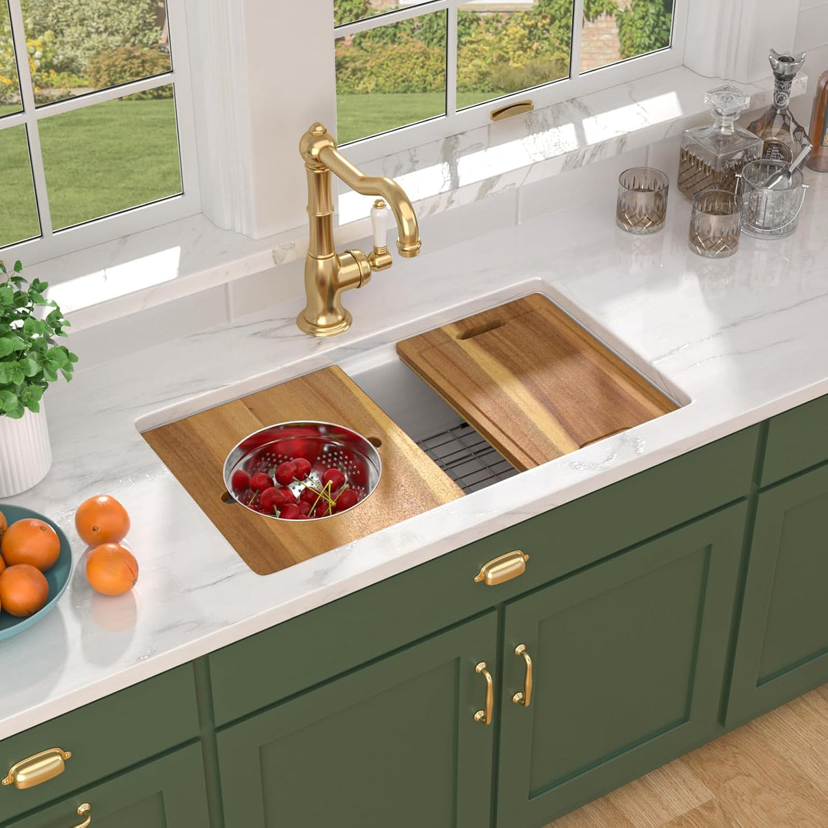 33x19 White Undermount Kitchen Sink, Glossy White Fireclay Single Bowl Workstation Sink, High Fired 2130°C Ceramic Porcelain with Cutting Board, Pasta Strainer & Mixing Bowl #TLAC-0076