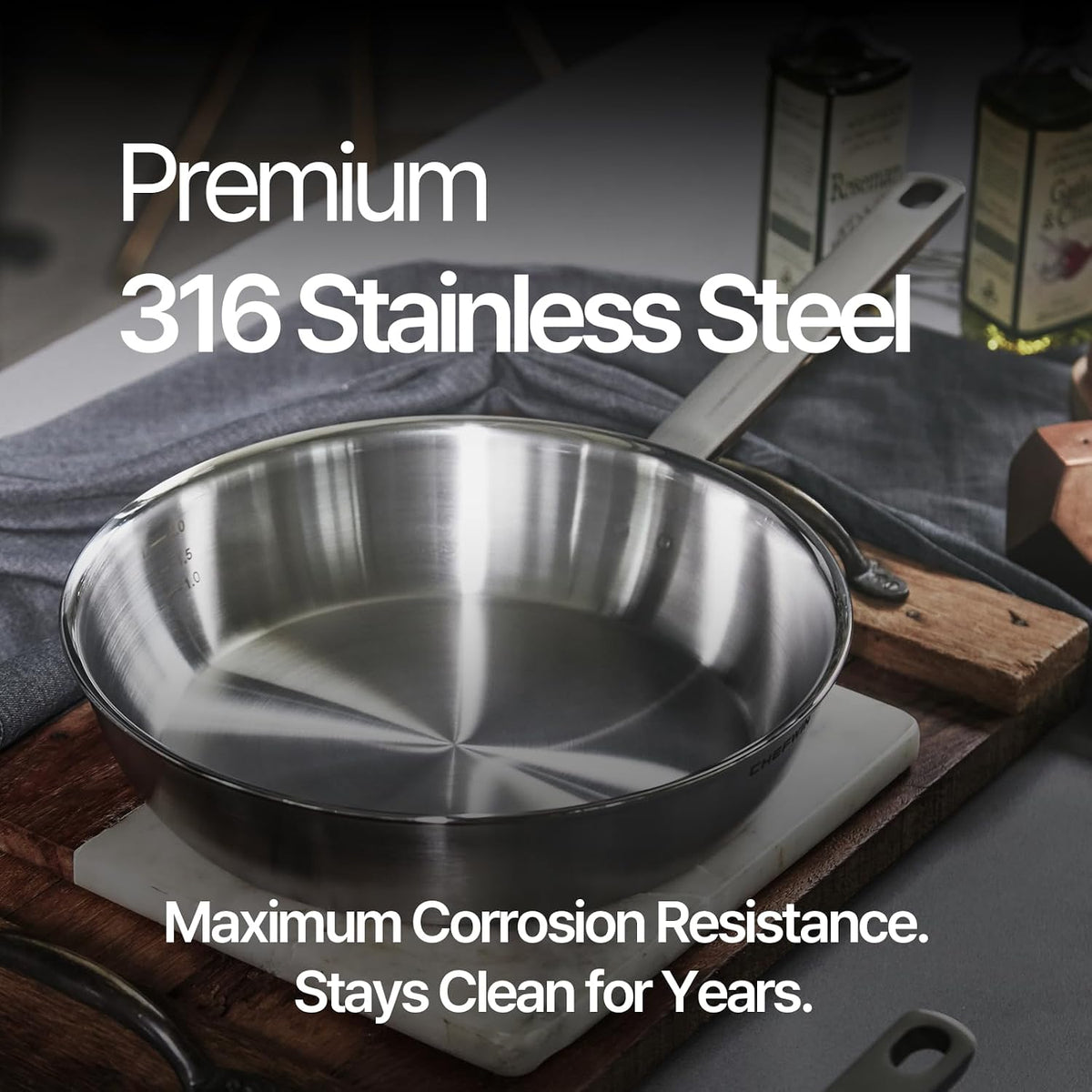 10.2 Inch Skillet Frying Pan 316 Stainless Steel Copper core 5-Ply Induction compatible Dishwasher & Oven Safe
