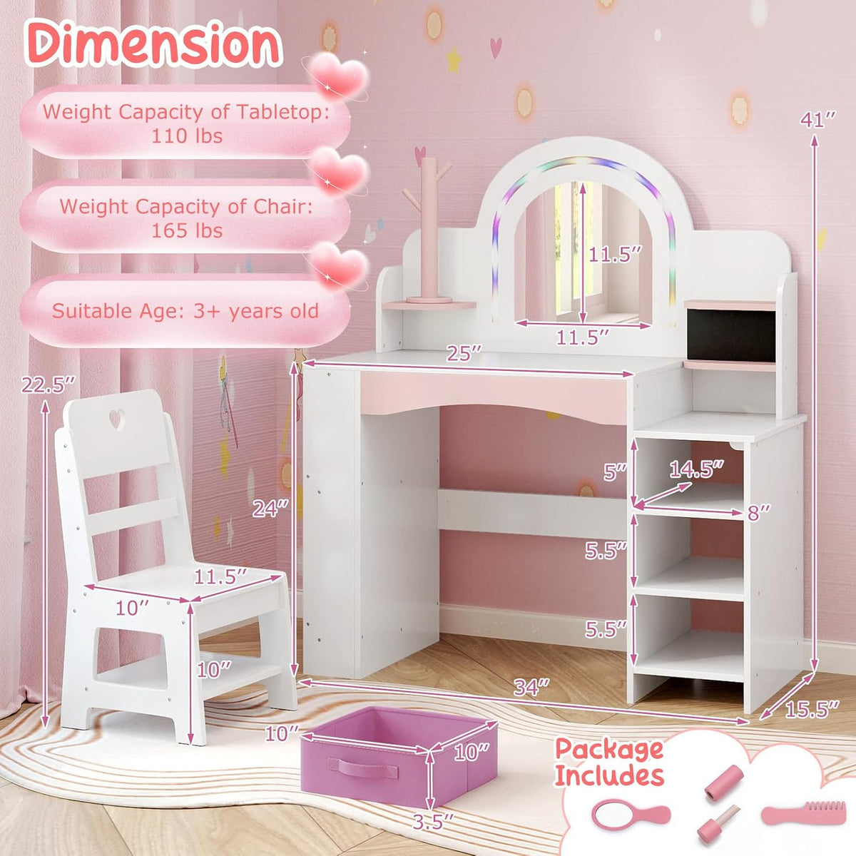 HONEY JOY Kids Vanity, Wooden Girls Vanity Set with Lighted Mirror & Open Bookshelf, Ring Slot & Jewelry Storage, Toddler Makeup Vanity Desk Dressing Table, Kids Vanity Table and Chair Set (White)