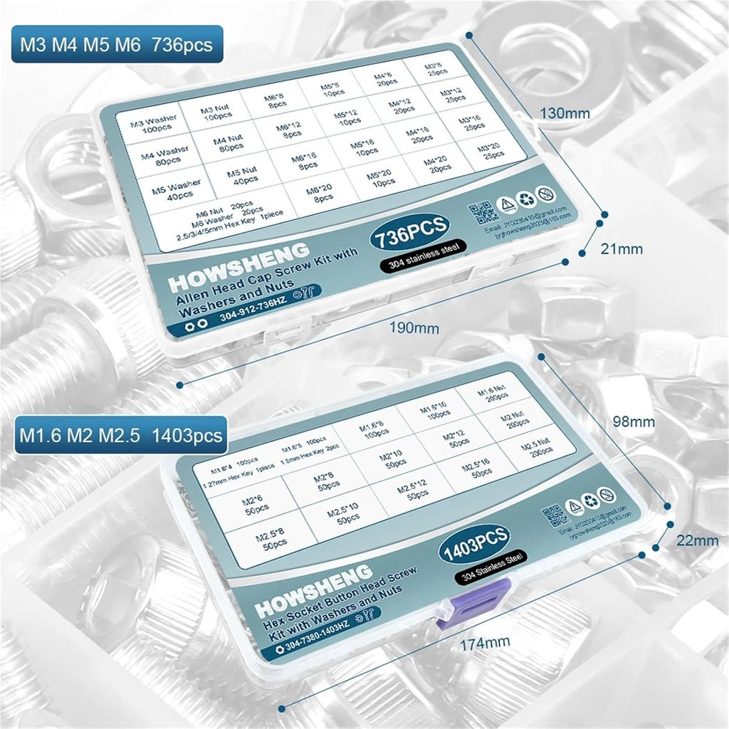 Set Screw Assortment Kit 1403/736pcs Hex Socket Cap Head Screw Bolt Nut Set M2 M4 M5 M6 Bolts Assortment Kit for Homeowners,DIYers,Mechanics,Industrial Workers(1403pcs Set)