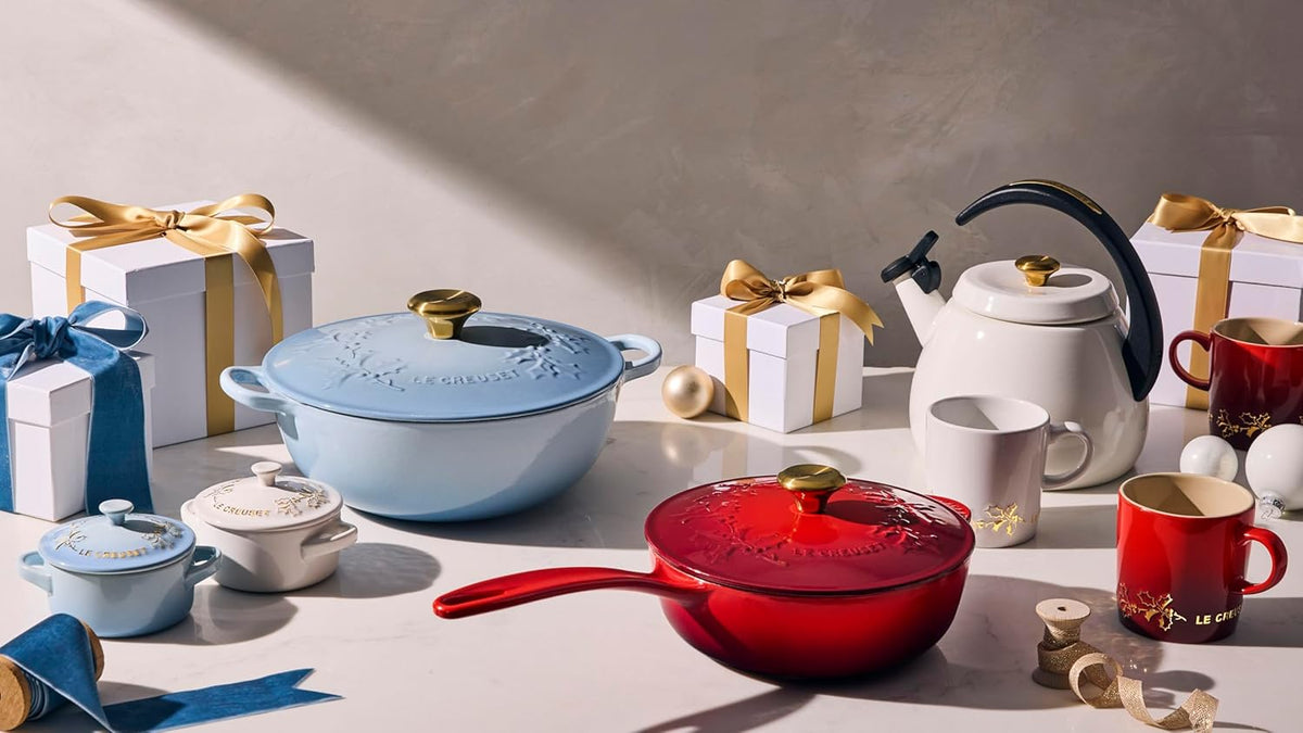 Le Creuset Enameled Cast Iron Holly Collection Traditional Saucier, 2.25 qt., Coastal Blue with Gold Knob