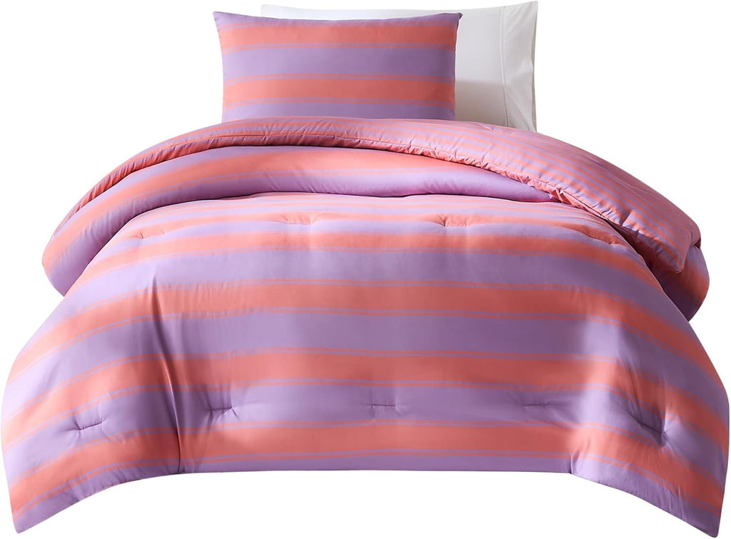 Lush Decor Gale Cabana Stripe? Reversible Comforter 2 Piece Set Twin/Twin XL Coral & Purple - Striped Bedding Set - Kids Pink Comforter - Coastal Dorm Decor