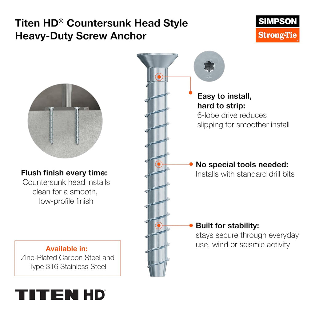 Simpson Strong-Tie THDC25400CS6SS Titen HD 1/4 in. x 4 in. Type 316 SS Countersunk Head Heavy-Duty Screw Anchor (25-Qty)