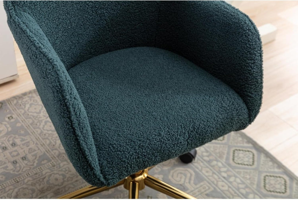 Hassyee Modern Teddy Fabric Material Adjustable Height 360 Revolving Home Office Chair with Gold Metal Legs and Universal Wheel for Indoor (Green)