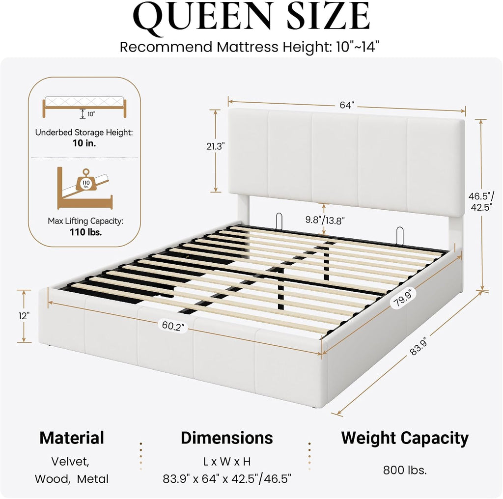 SHA CERLIN Queen Size Lift Up Storage Bed Frame, Adjustable Headboard, Hydraulic Support, Velvet Upholstered, Easy Installation, No Box Spring Needed, White
