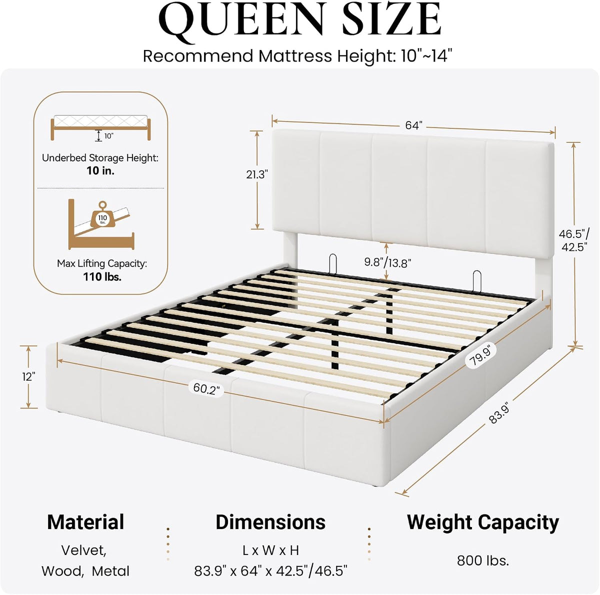 SHA CERLIN Queen Size Lift Up Storage Bed Frame, Adjustable Headboard, Hydraulic Support, Velvet Upholstered, Easy Installation, No Box Spring Needed, White
