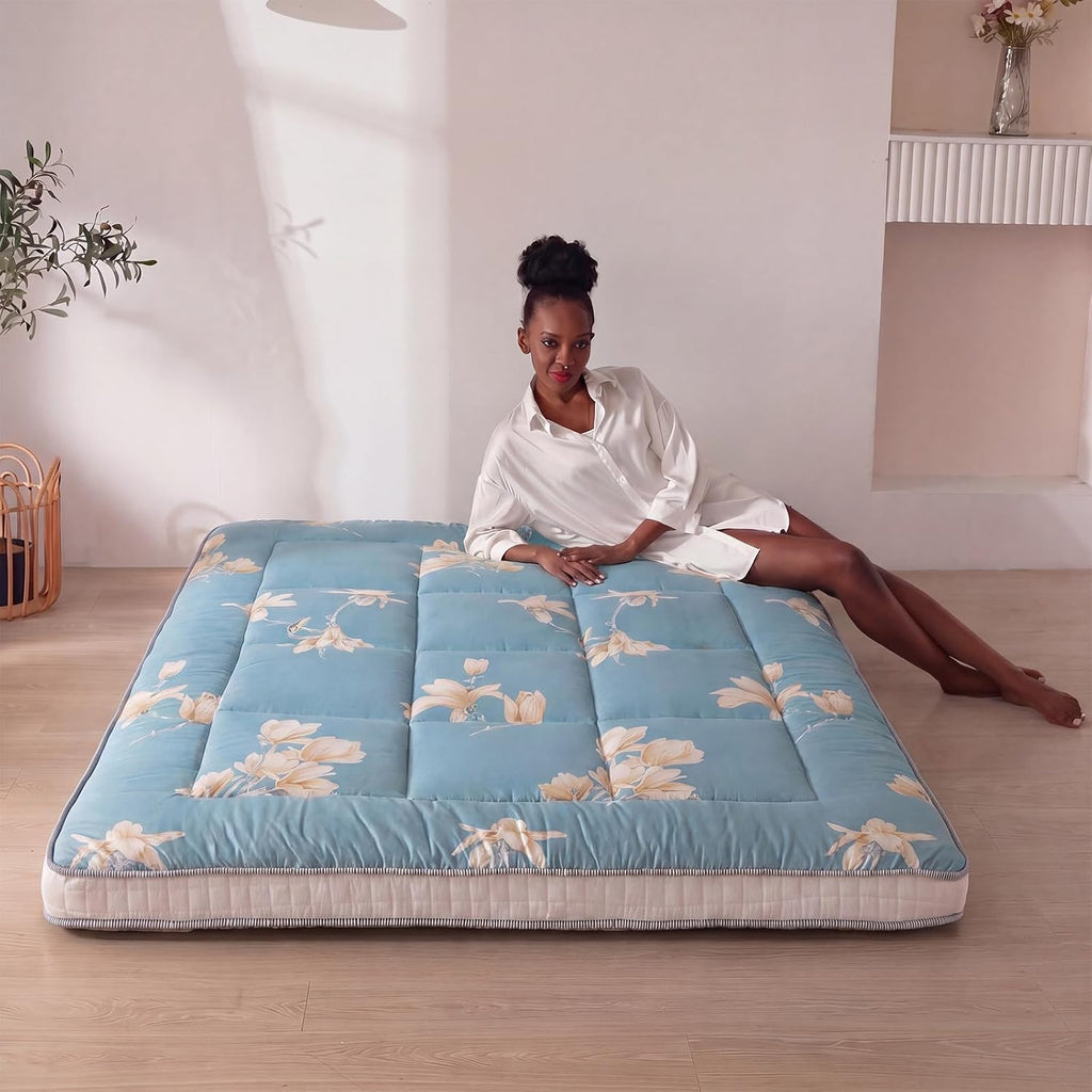 MAXYOYO Floral Printed Futon Mattress, Padded Japanese Floor Mattress Quilted Mattress Topper, Extra Thick Folding Sleeping Pad Breathable Floor Lounger Guest Couch for Camping, Queen Size