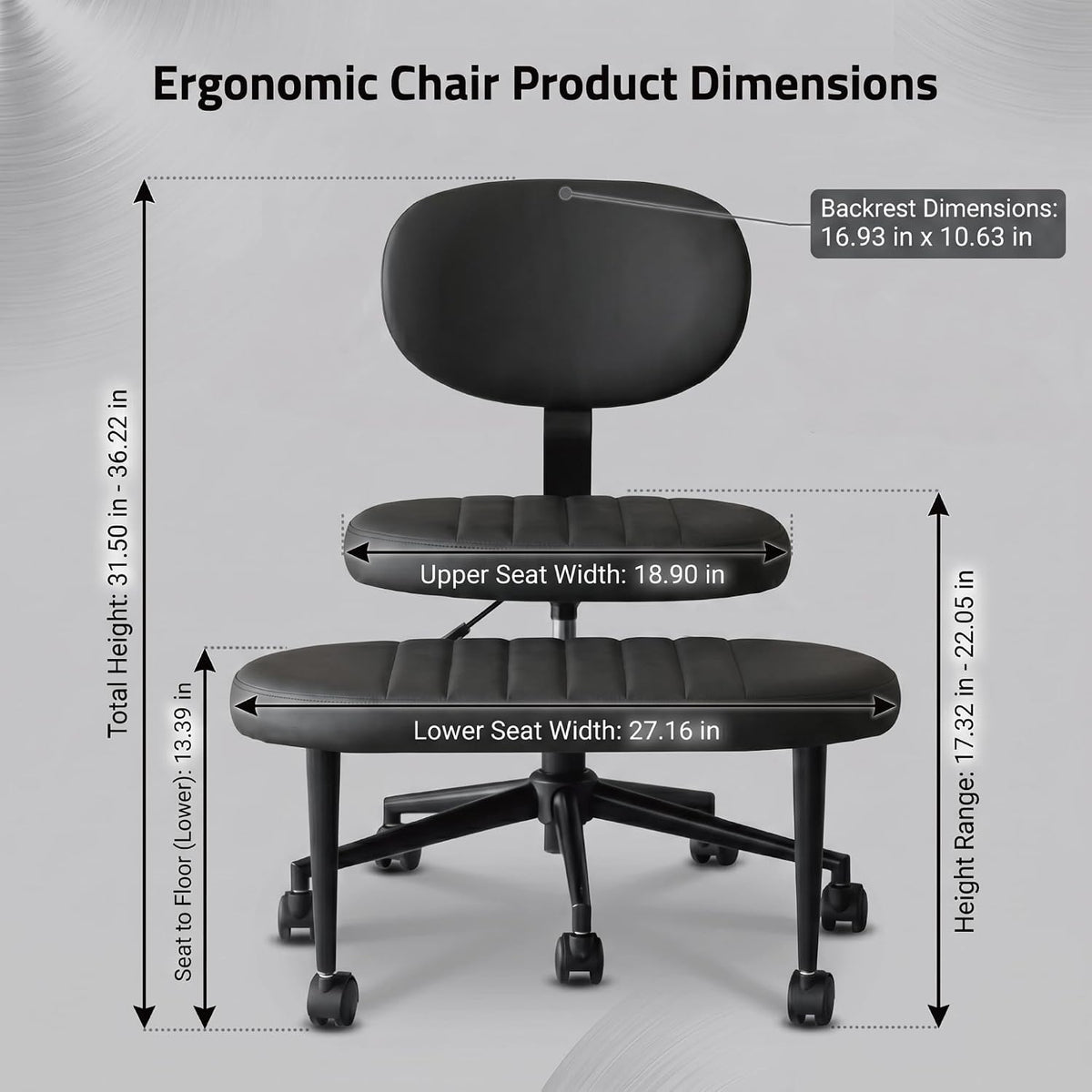 Cross Legged Office Chair with Wheels, 360 Swivel Height-Adjustable Meditation Chair with Lumbar Support, PU Leather, Black