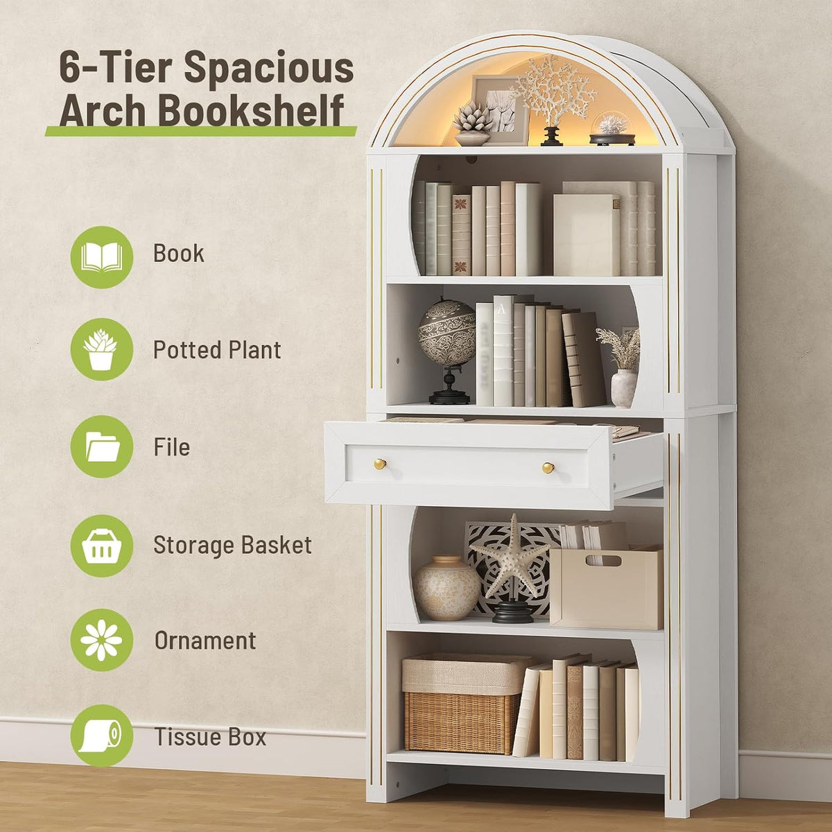 Set of 2 Tall Arched Bookshelf, 6-Tier Book Shelf with LED Lights, 70.3' Farmhouse Bookcase with Open Shelves and Drawer, Freestanding Display Rack, for Living Room, Home Office, White