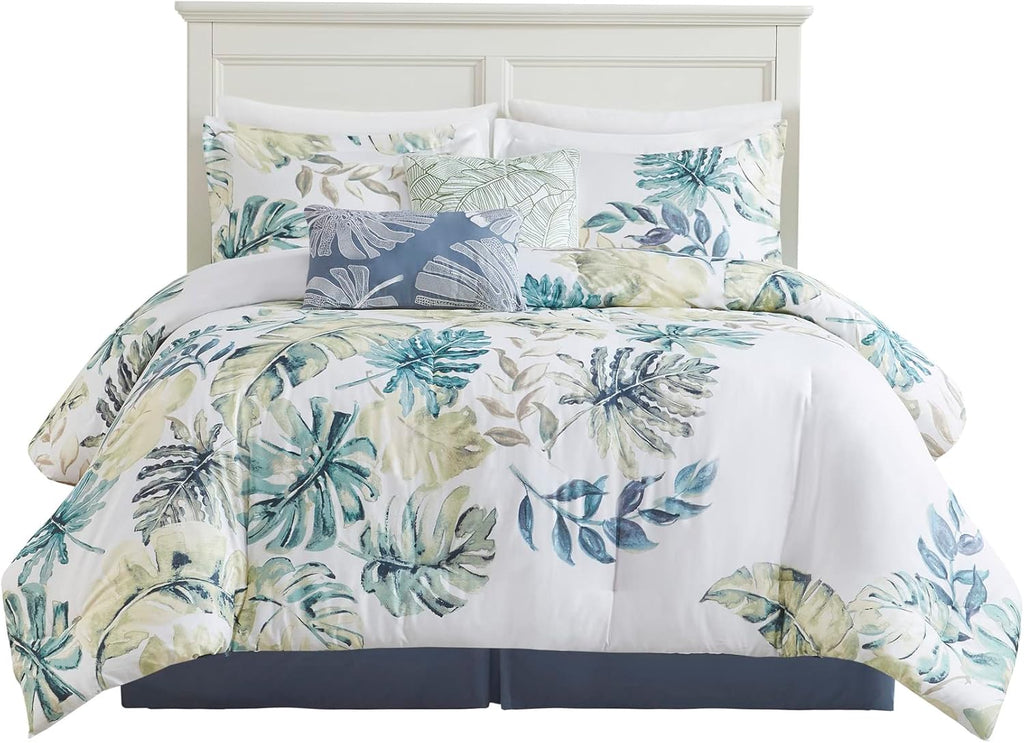 Harbor House Cozy Cotton Comforter Set - Coastal, All Season Down Alternative Casual Bedding with Matching Shams, Decorative Pillows, Lorelai, Monstera Leaf Green King(110'x96') 6 Piece
