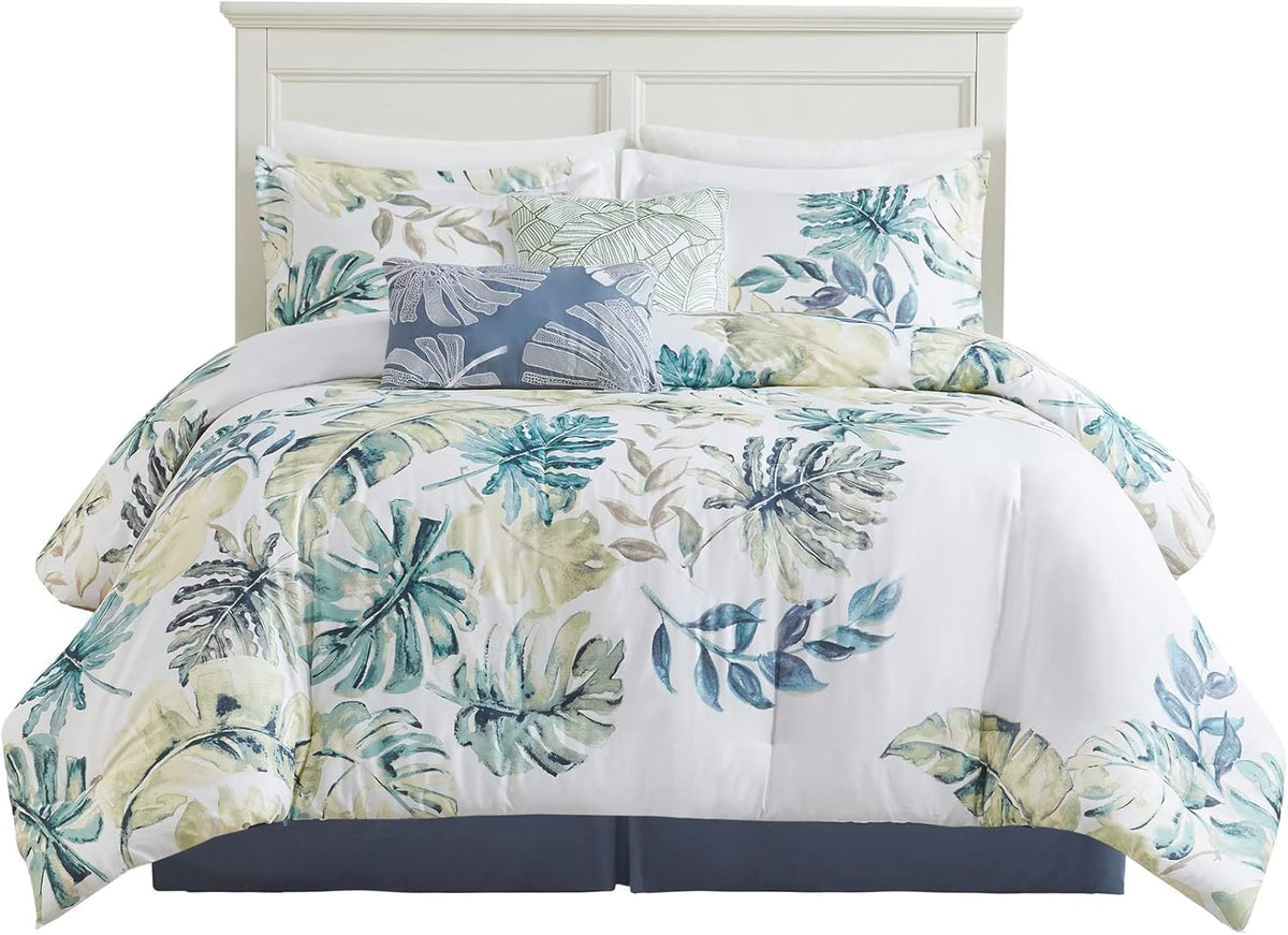 Harbor House Cozy Cotton Comforter Set - Coastal, All Season Down Alternative Casual Bedding with Matching Shams, Decorative Pillows, Lorelai, Monstera Leaf Green King(110'x96') 6 Piece