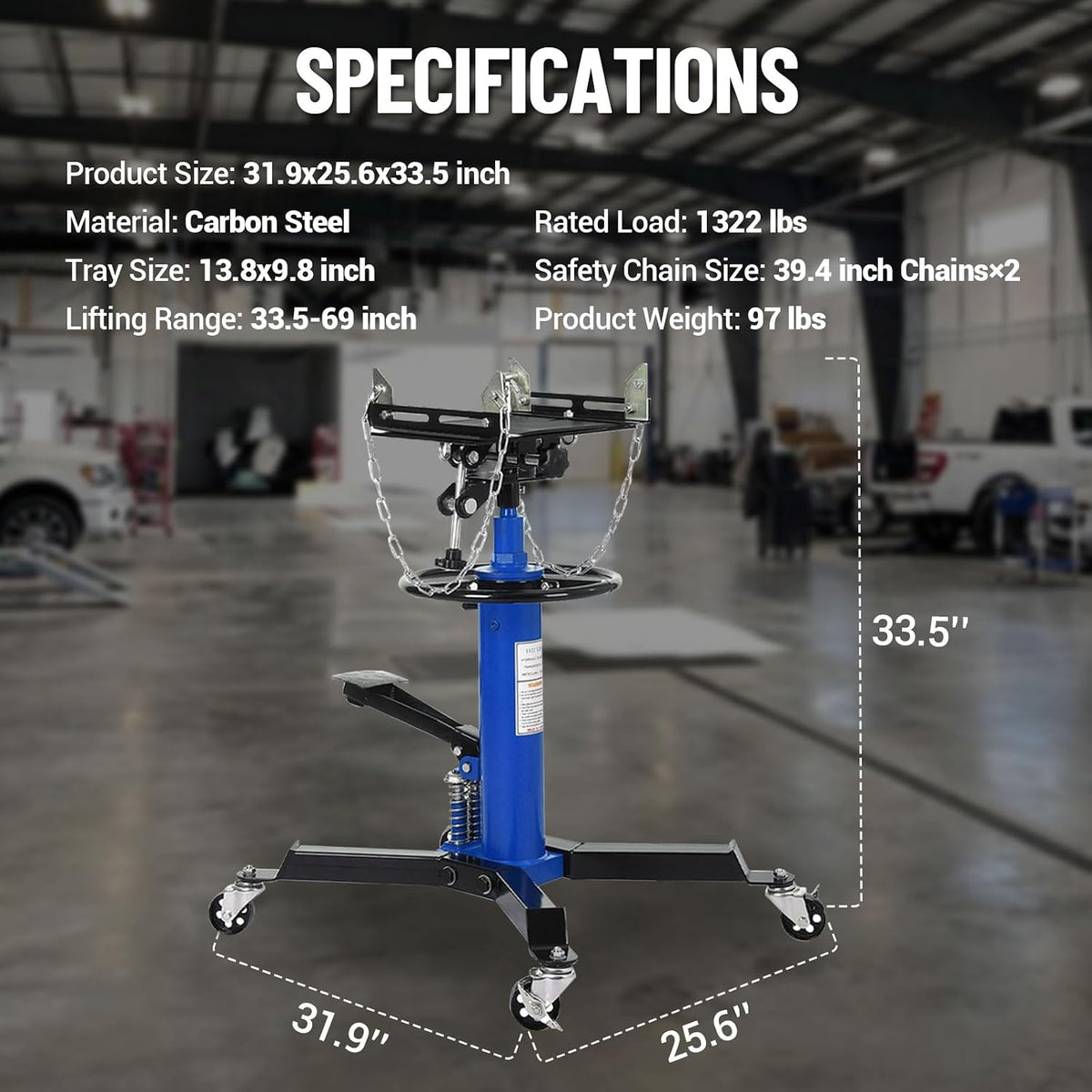 1322Lb Heavy Duty Transmission Jack, 33.5'-69' High Lift Hydraulic Telescoping Transmission Jack, 2-Stage Telescopic Transmission Stand with Foot Pedal & 360° Swivel Wheel, Blue