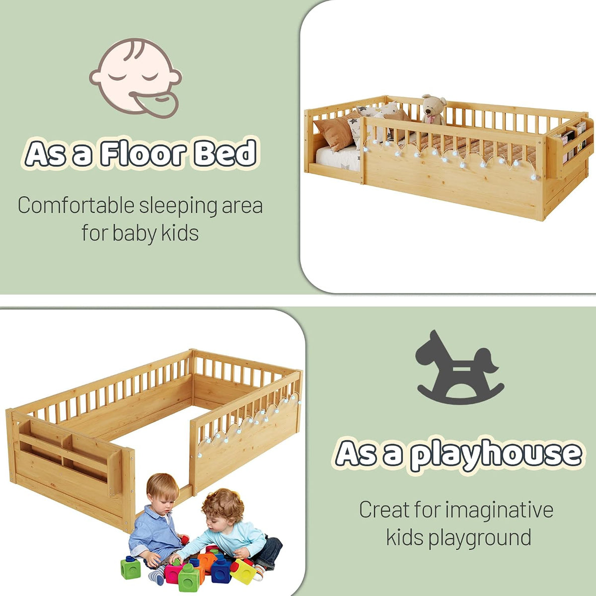 Montessori Floor Bed with High Rails,Twin Size Floor Bed Frame for Kids, LED Lights & Storage Shelf, Safe & Wider Opening Gate Design, Playground & Sleep Space for Girls Boys,Natural