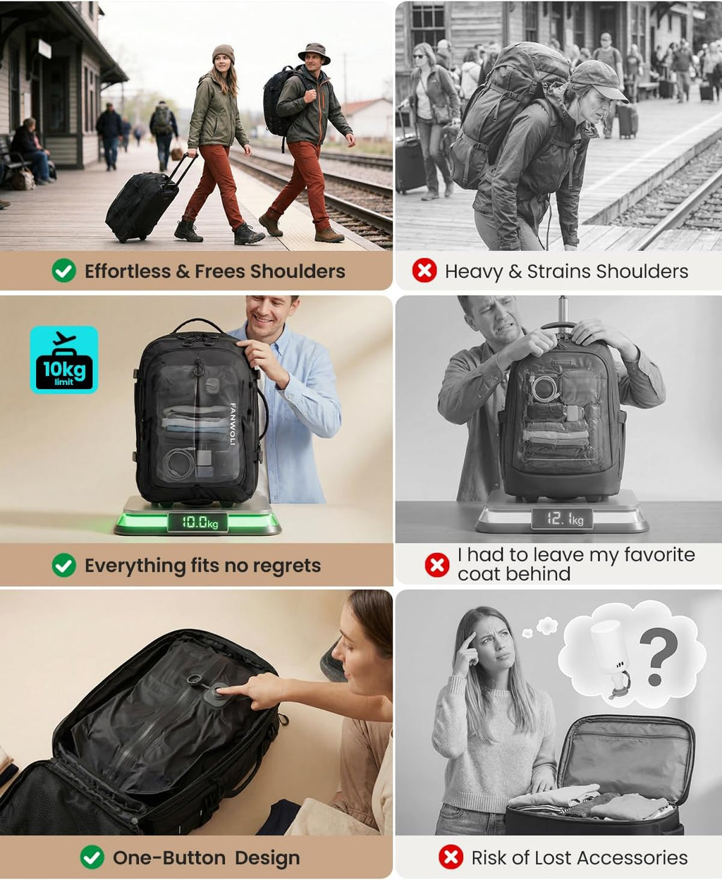 Fanwoli Rolling Vacuum Backpack Travel with One-Button Compression, 55L Expandable, Water Resistant Carry-On Suitcase Luggage, Ideal for Outdoor/Family/Trips