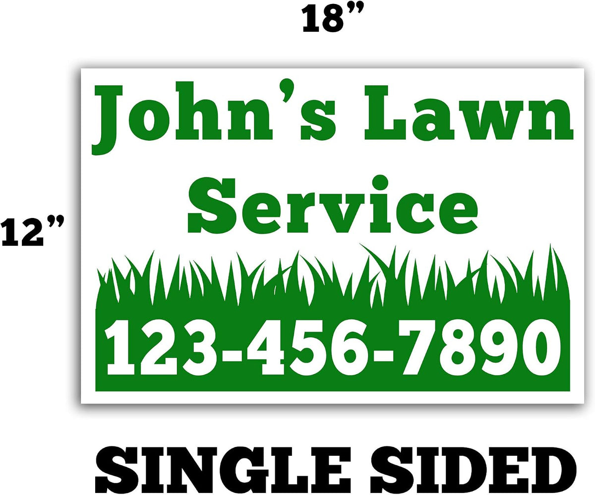 VIBE INK Custom Bulk Lawn Service Yard Signs 18'x12' - Single Sided Print - Customize to Add Your Name & Number! Glossy, UV-Ink for Durability, Business Marketing (100)